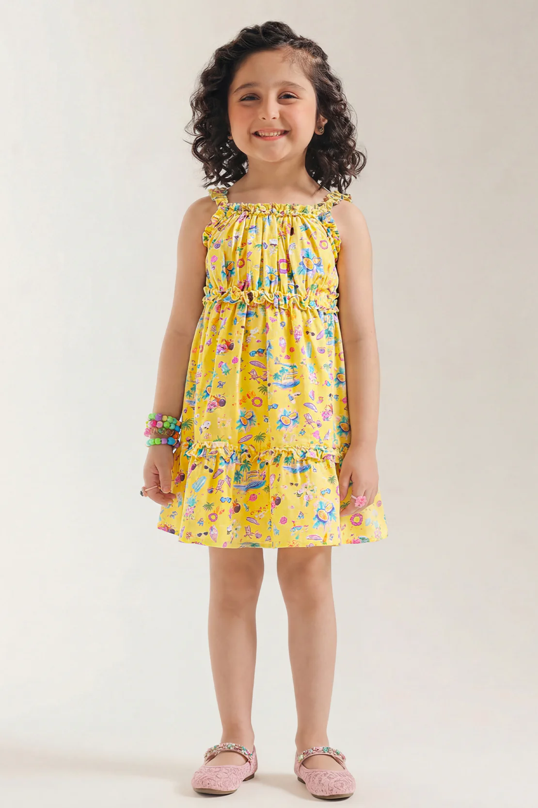 Cotton Dobby Stitched Tier Panel Dress With Ruffled Straps