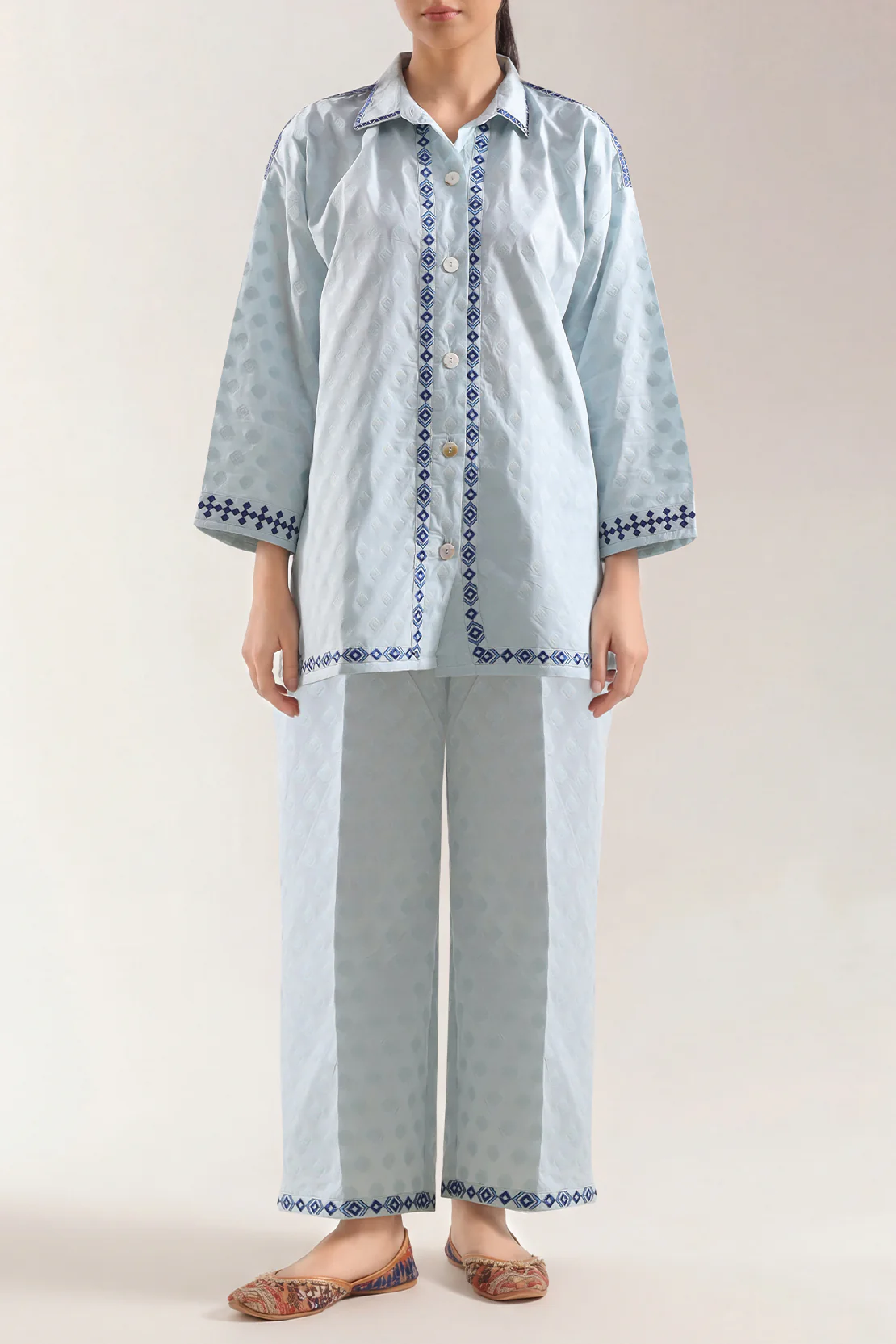 Cotton Jacquard Embroidered Stitched Shirt