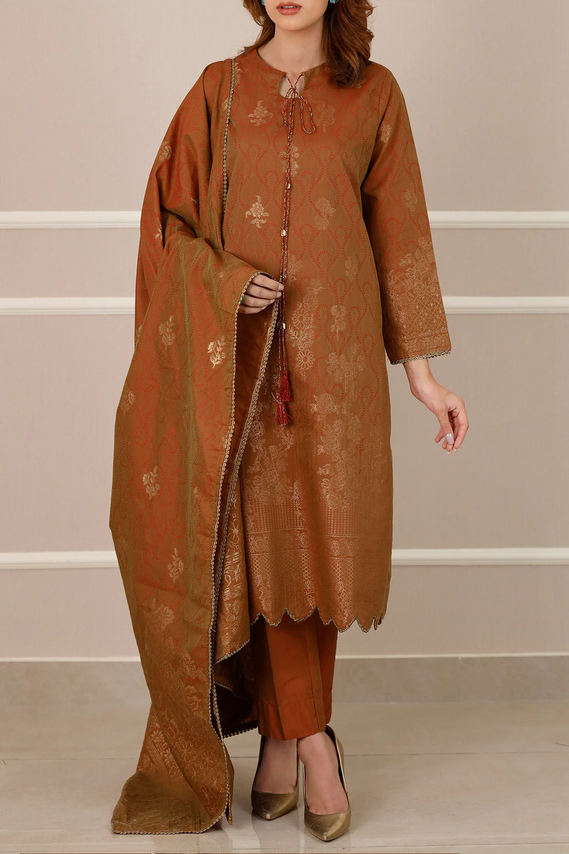 Cotton Jacquard Stitched 2 Piece (Shirt/Dupatta) - Image 2