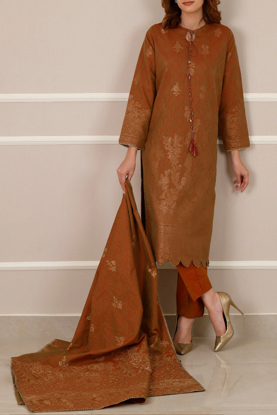 Cotton Jacquard Stitched 2 Piece (Shirt/Dupatta) - Image 3