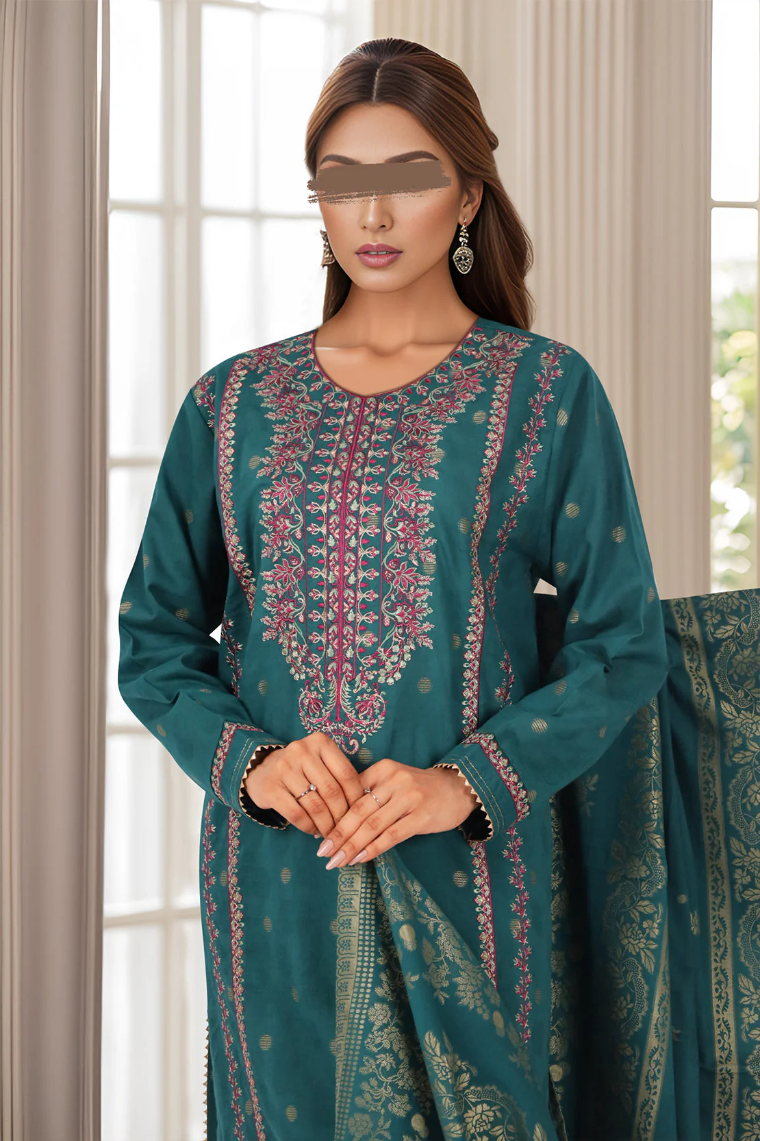 Embroidered Cotton Jacquard Stitched 2 Piece (Shirt/Trouser) - Image 3