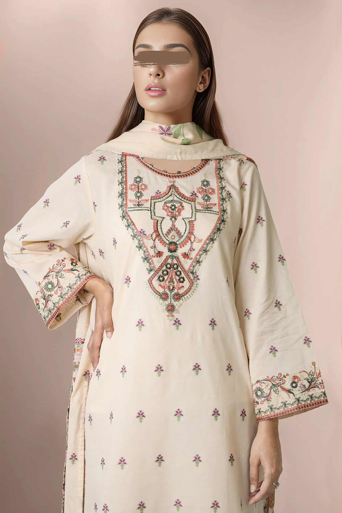 Embroidered Cotton Jacquard Stitched 2 Piece (Shirt/Dupatta) - Image 3