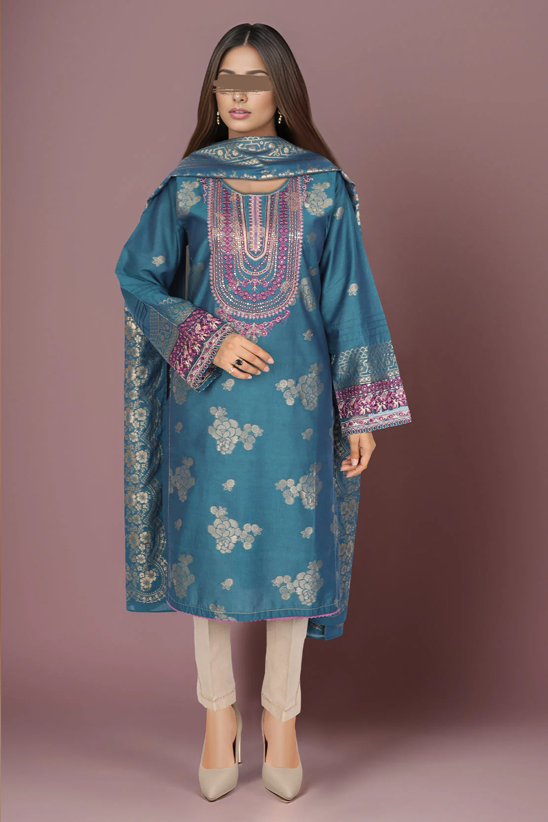 Embroidered Cotton Jacquard Stitched 2 Piece (Shirt/Dupatta) - Image 2