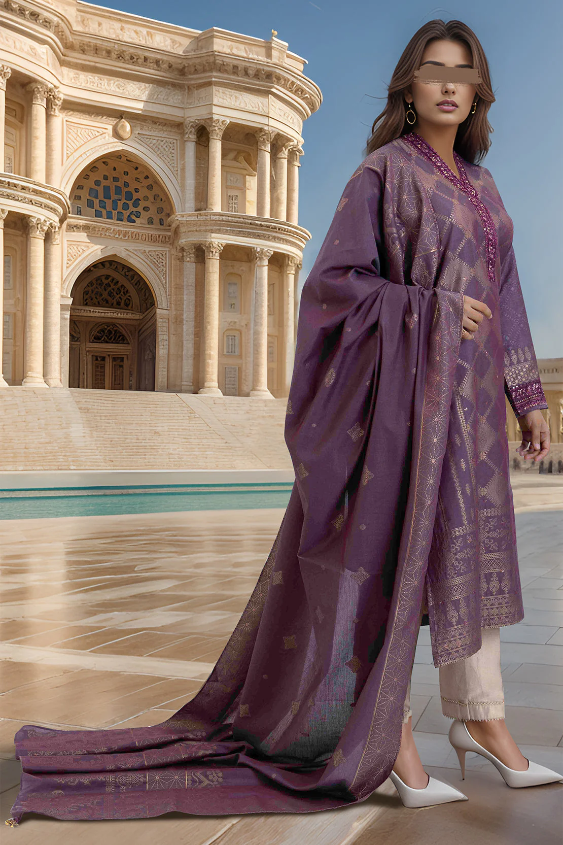 Embroidered Cotton Jacquard Stitched 2 Piece (Shirt/Dupatta) - Image 2