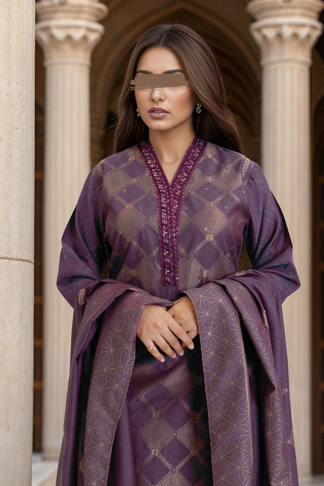 Embroidered Cotton Jacquard Stitched 2 Piece (Shirt/Dupatta) - Image 3
