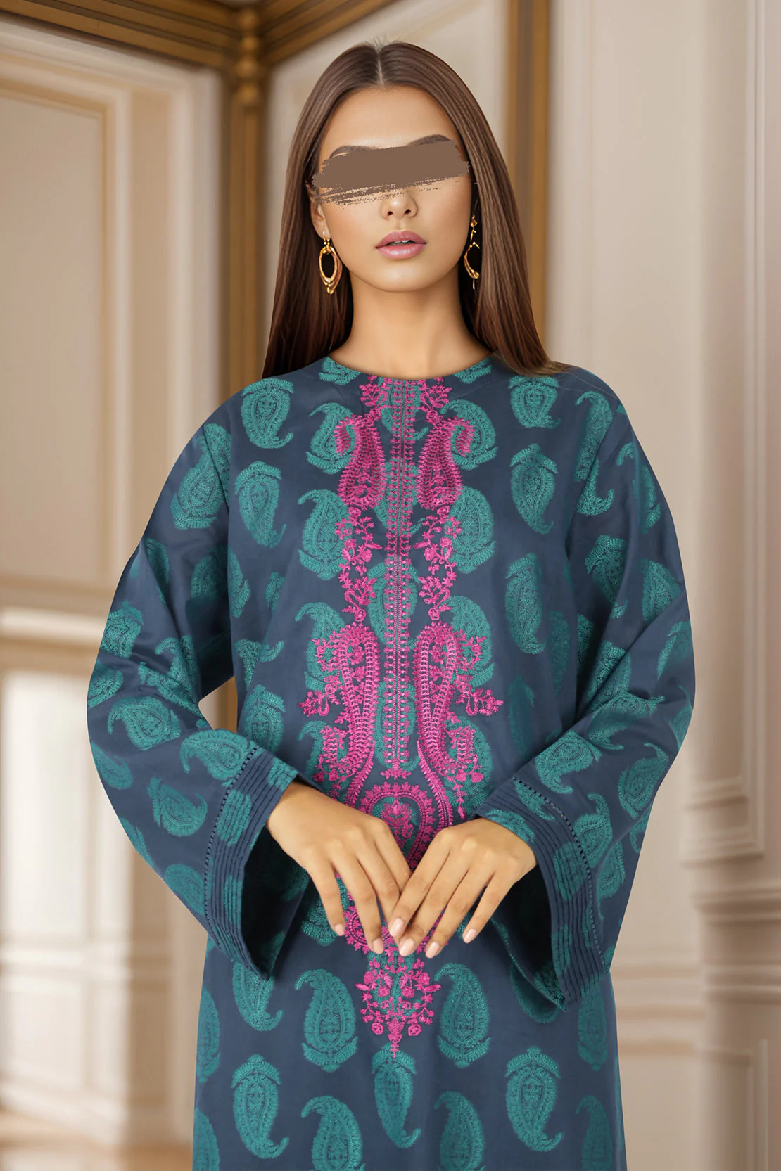 Embroidered Cotton Jacquard Stitched 2 Piece (Shirt/Trouser) - Image 2