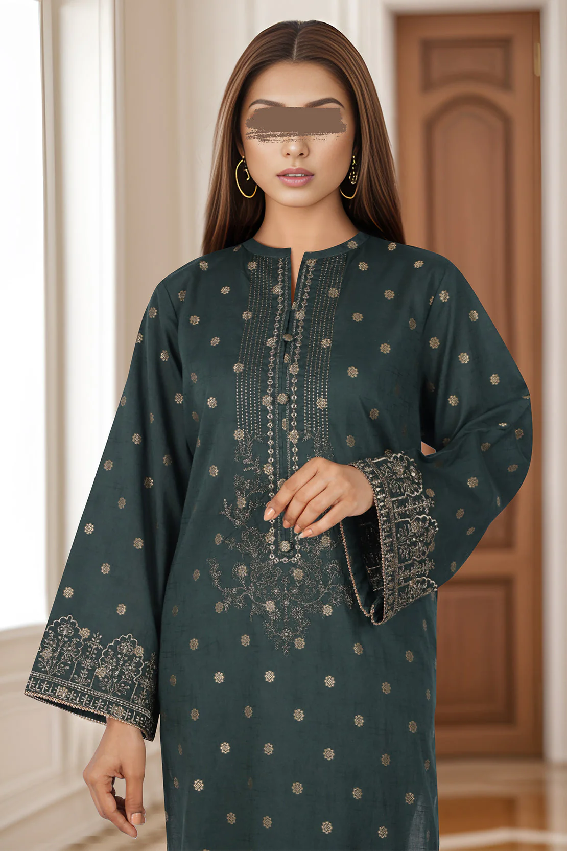 Embroidered Cotton Jacquard Stitched 2 Piece (Shirt/Trouser) - Image 3