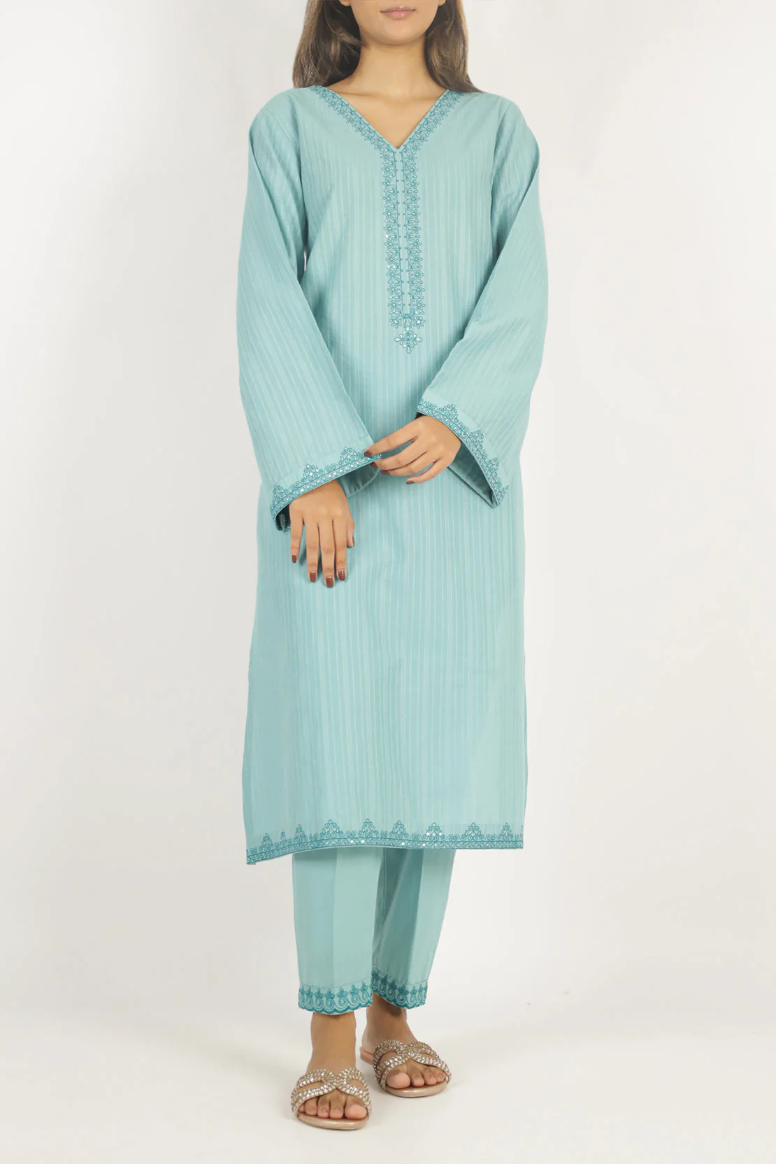 Embroidered Cotton Jacquard Stitched 2 Piece (Shirt/Trouser) - Image 2