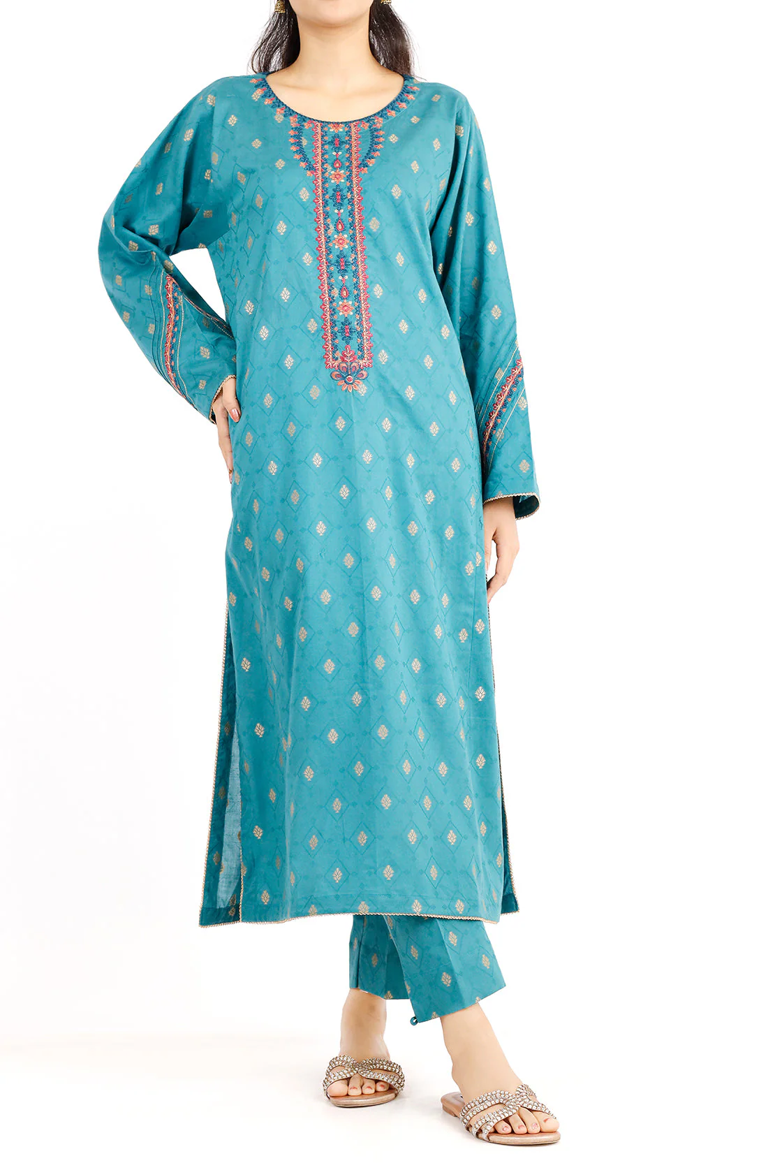 Embroidered Cotton Jacquard Stitched 2 Piece (Shirt/Trouser) - Image 2