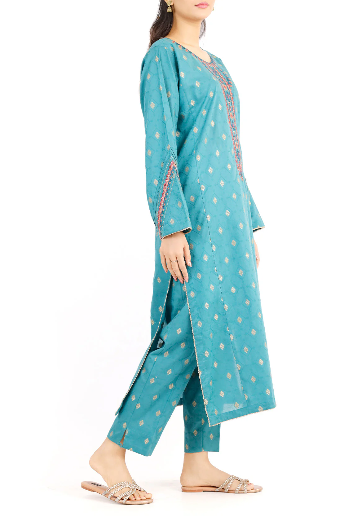Embroidered Cotton Jacquard Stitched 2 Piece (Shirt/Trouser) - Image 3