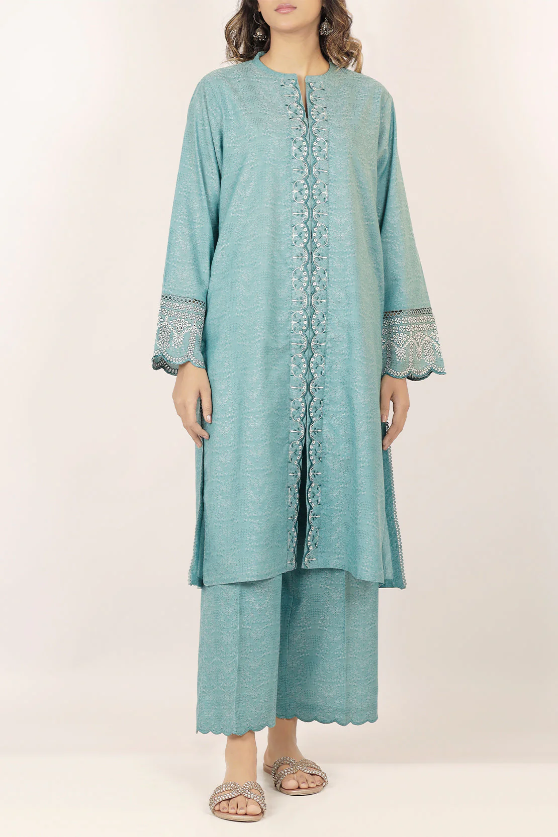 Embroidered Cotton Jacquard Stitched 2 Piece (Shirt/Trouser) - Image 2