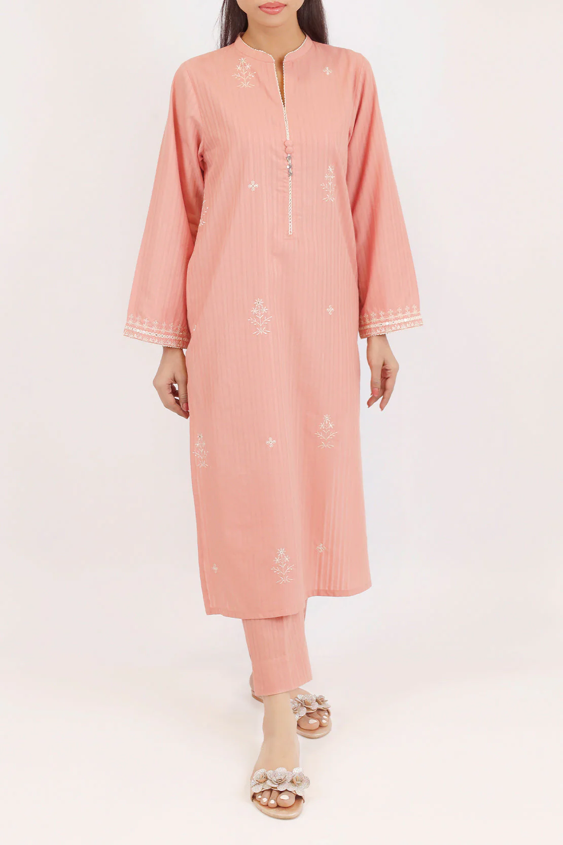 Embroidered Cotton Jacquard Stitched 2 Piece (Shirt/Trouser) - Image 2