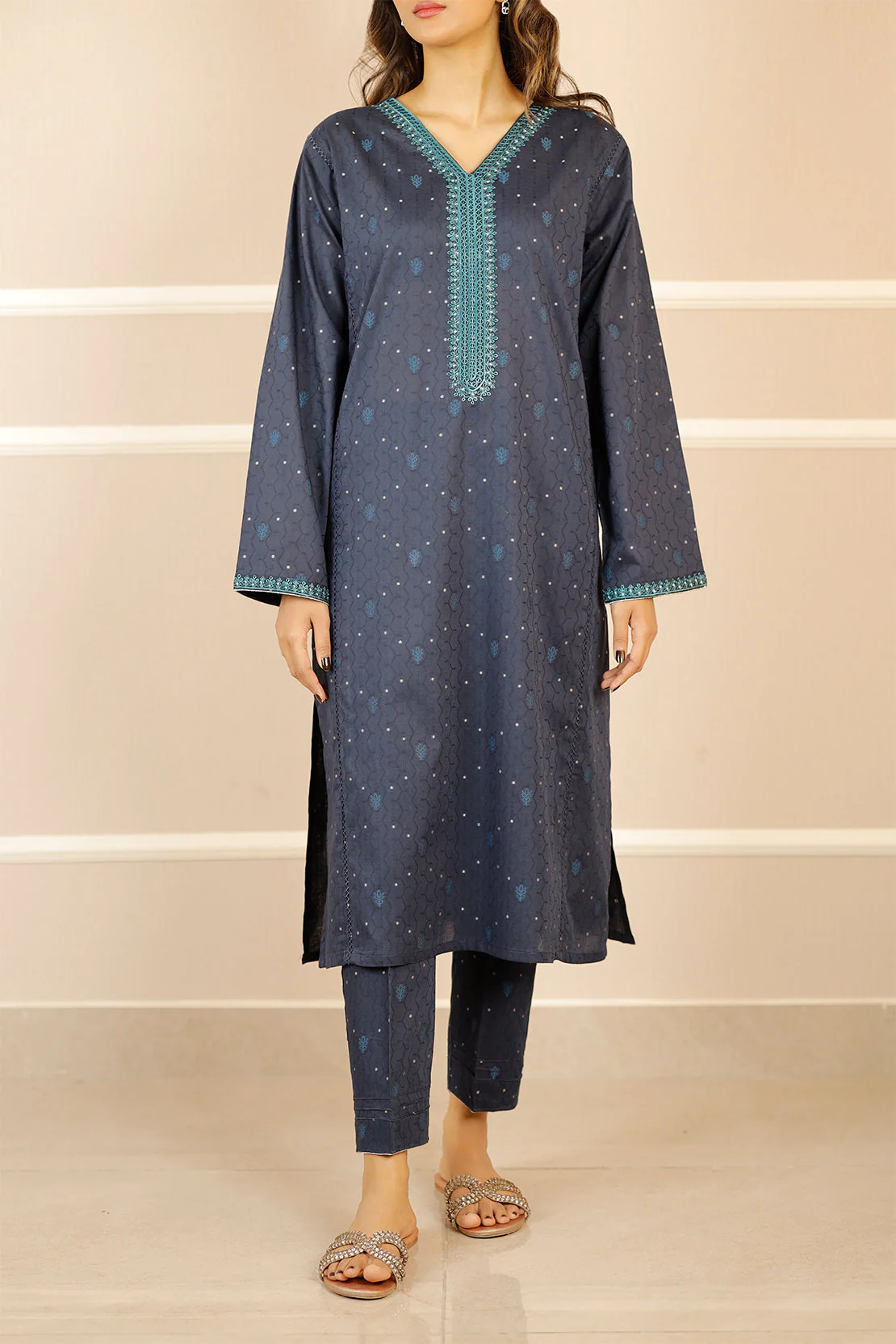 Embroidered Cotton Jacquard Stitched 2 Piece (Shirt/Trouser) - Image 2