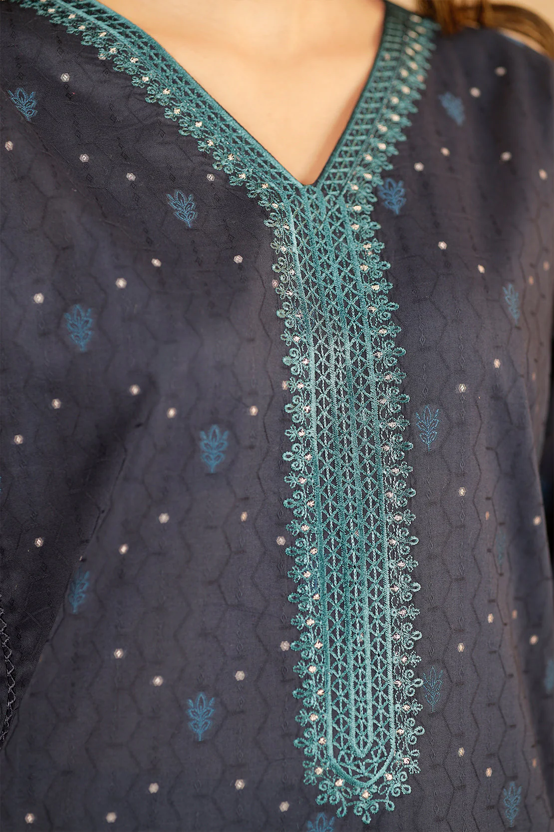 Embroidered Cotton Jacquard Stitched 2 Piece (Shirt/Trouser) - Image 3