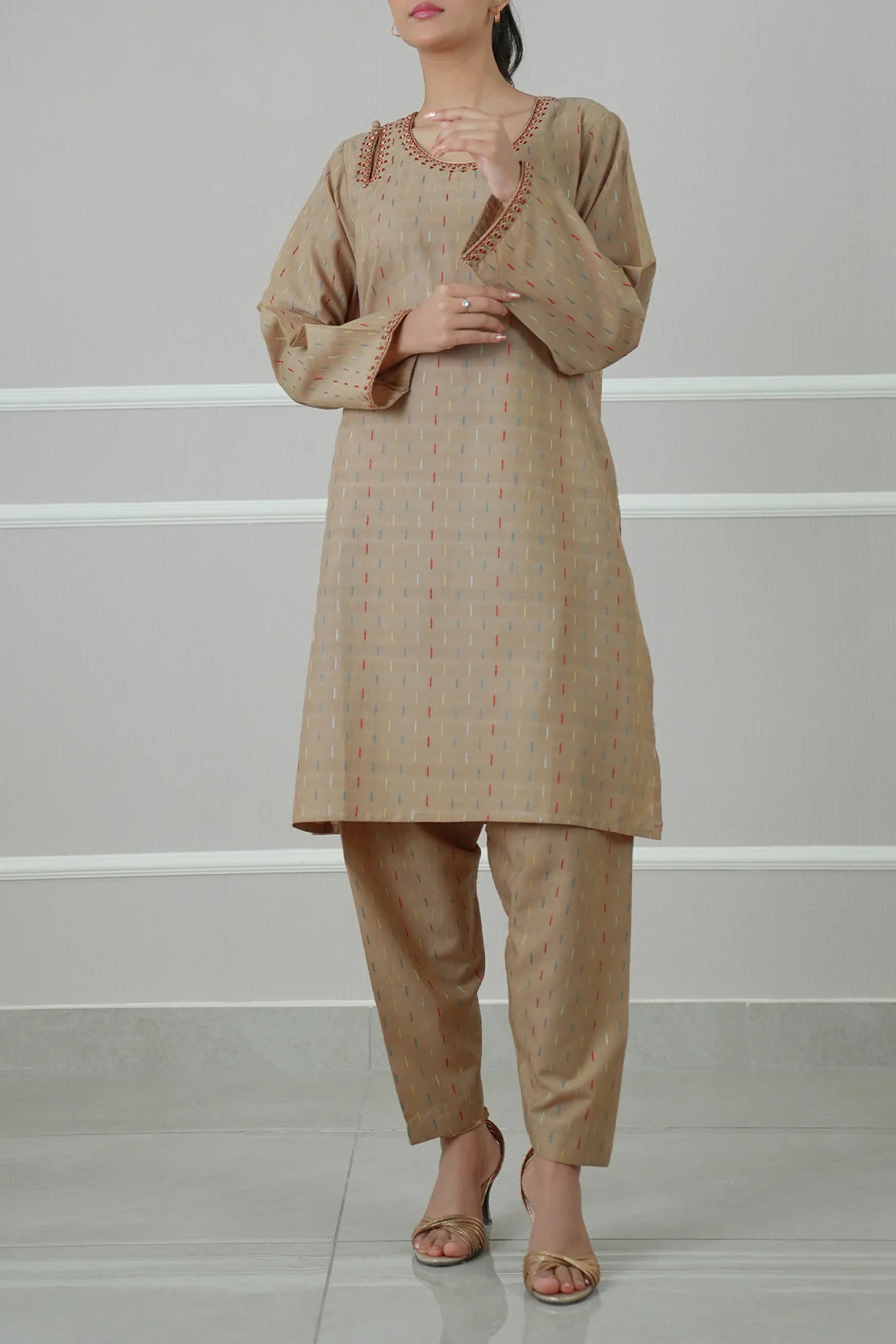Embroidered Cotton Jacquard Stitched 2 Piece (Shirt/Trouser) - Image 2