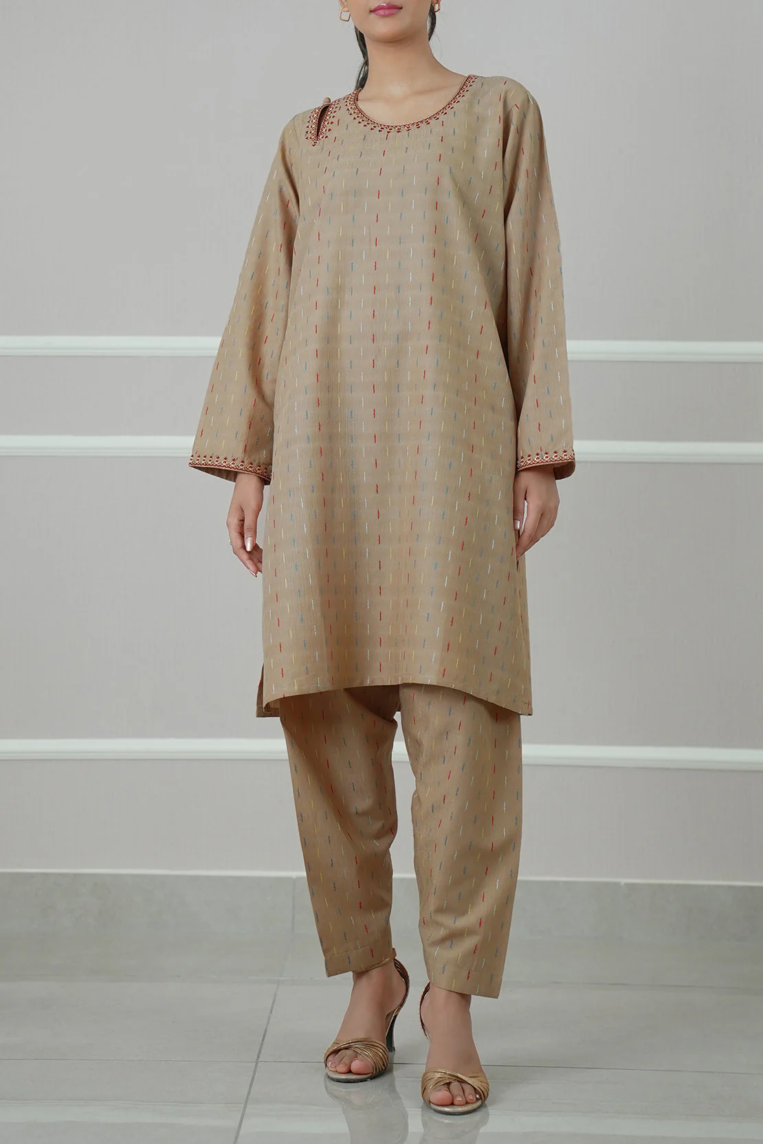 Embroidered Cotton Jacquard Stitched 2 Piece (Shirt/Trouser) - Image 3