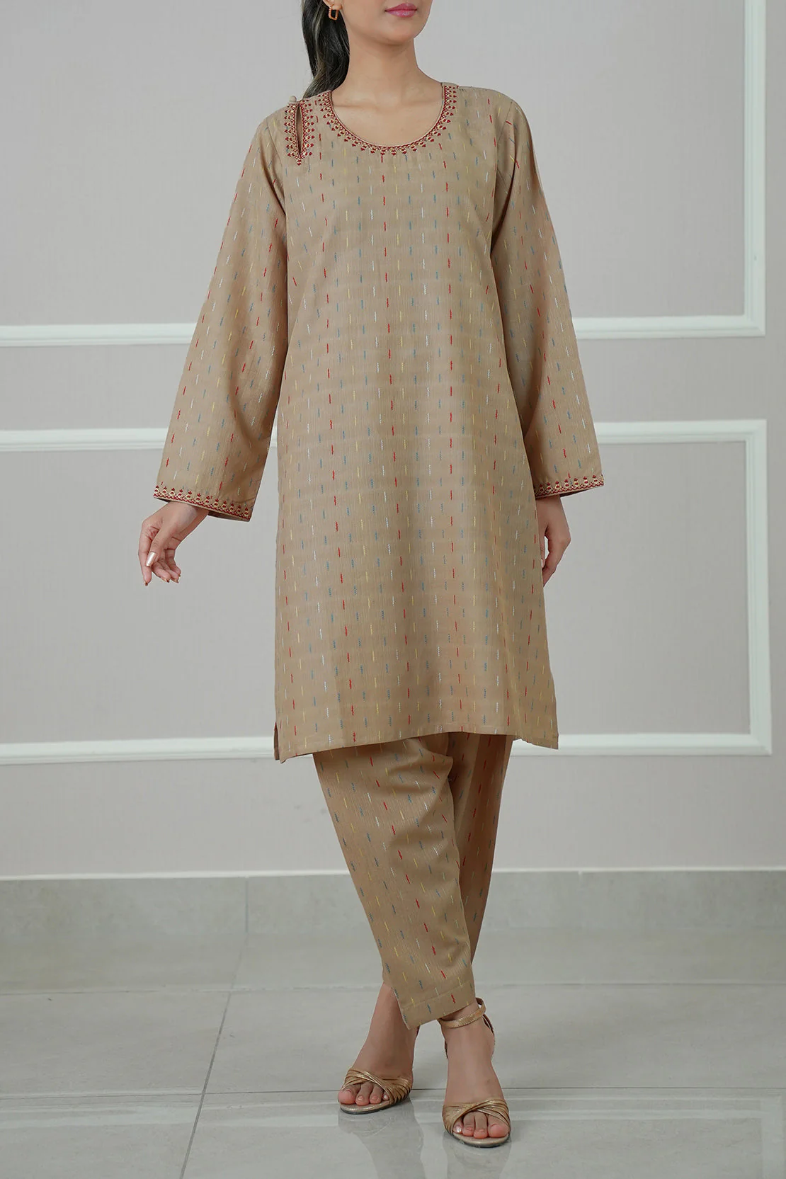 Embroidered Cotton Jacquard Stitched 2 Piece (Shirt/Trouser) - Image 4