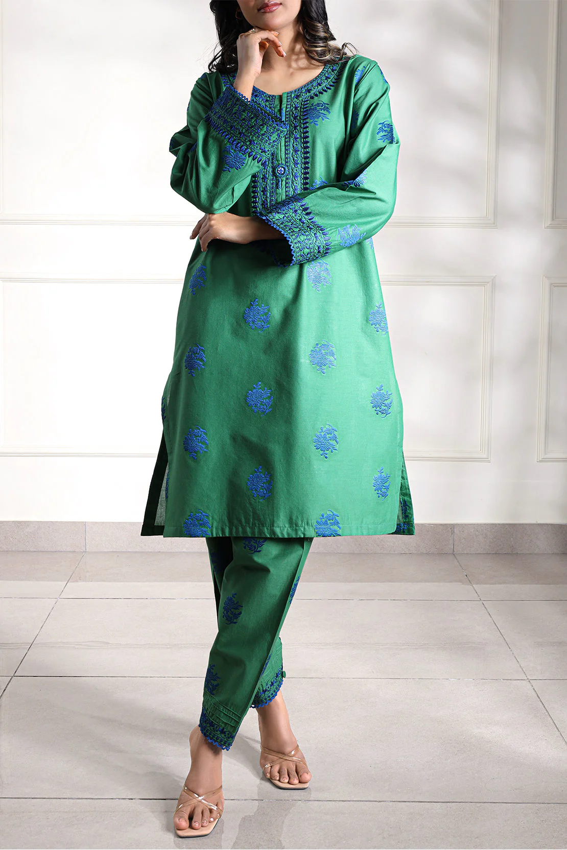 Embroidered Cotton Jacquard Stitched 2 Piece (Shirt/Trouser) - Image 2