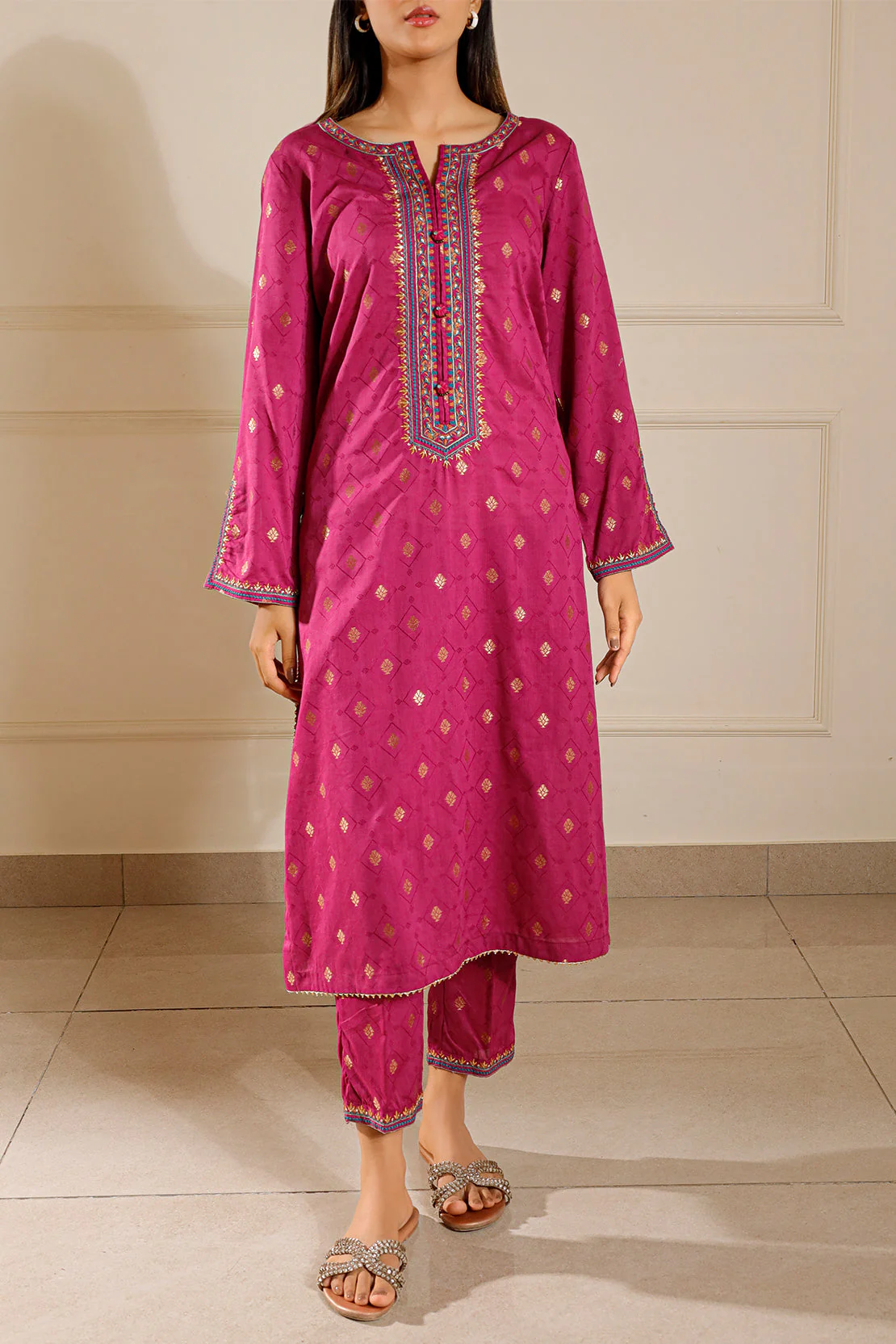 Embroidered Cotton Jacquard Stitched 2 Piece (Shirt/Trouser) - Image 2