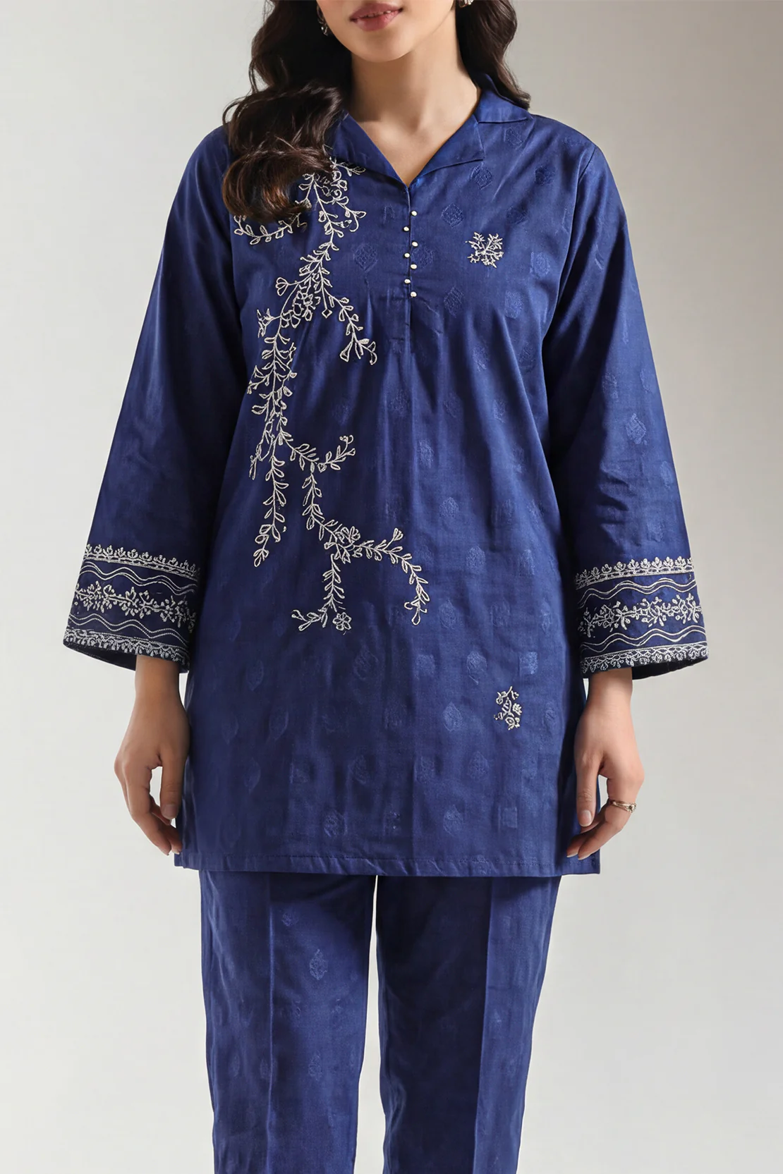 Embroidered Cotton Jacquard Stitched 2 Piece (Shirt/Trouser) - Image 2