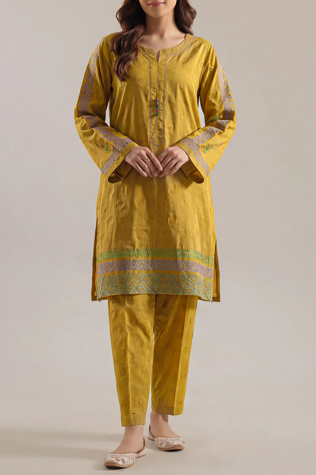 Embroidered Cotton Jacquard Stitched 2 Piece (Shirt/Trouser) - Image 2