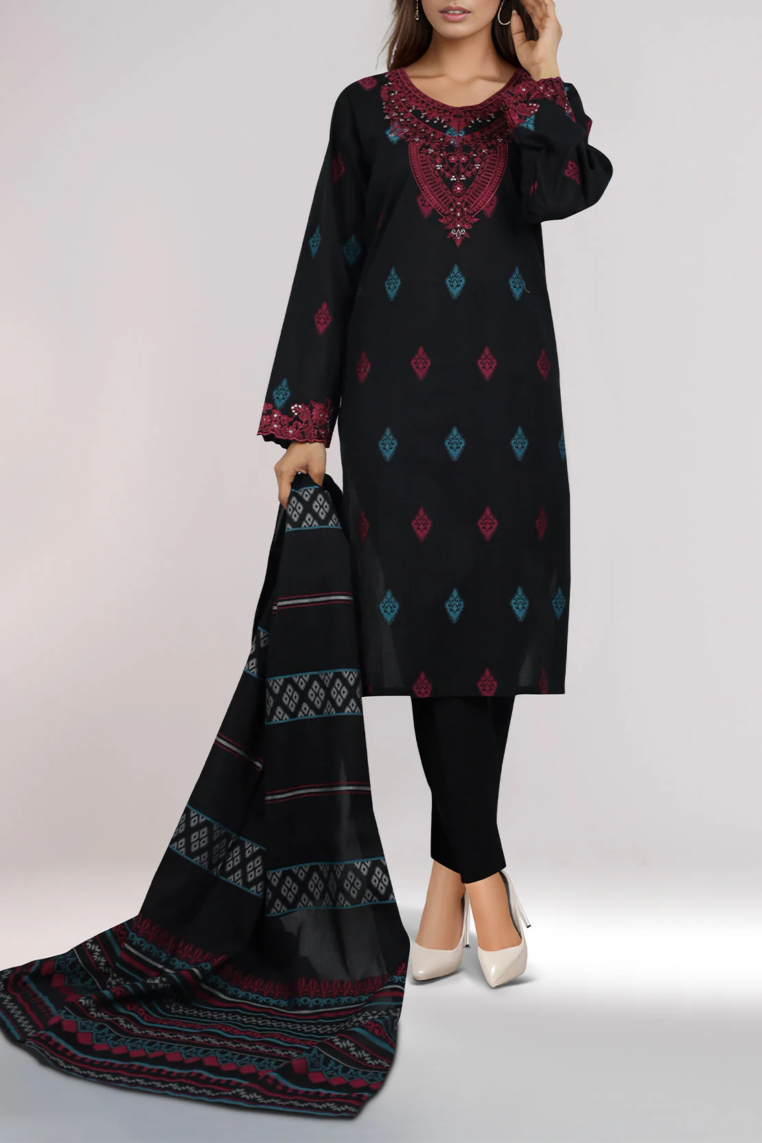 Embroidered Cotton Jacquard Stitched 3 Piece - Image 2