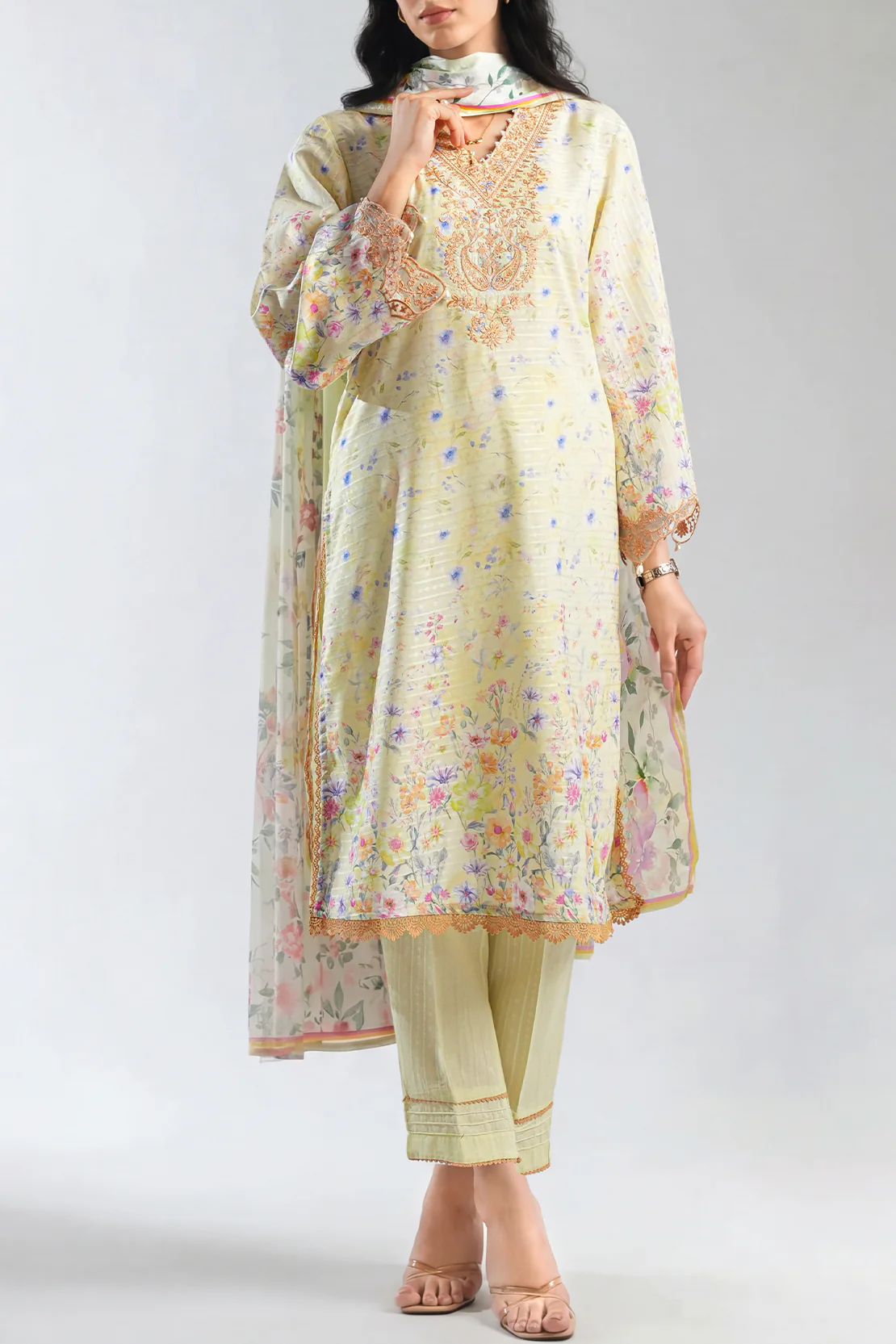 Embroidered Cotton Jacquard Stitched 3 Piece