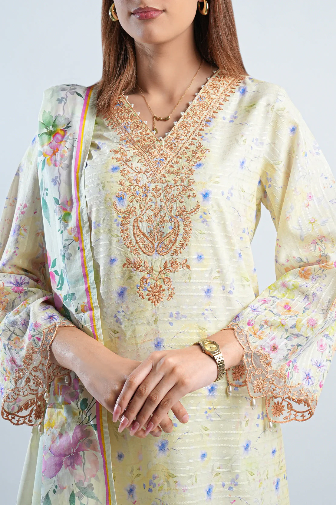 Embroidered Cotton Jacquard Stitched 3 Piece (Chiffon Dupatta) - Image 6