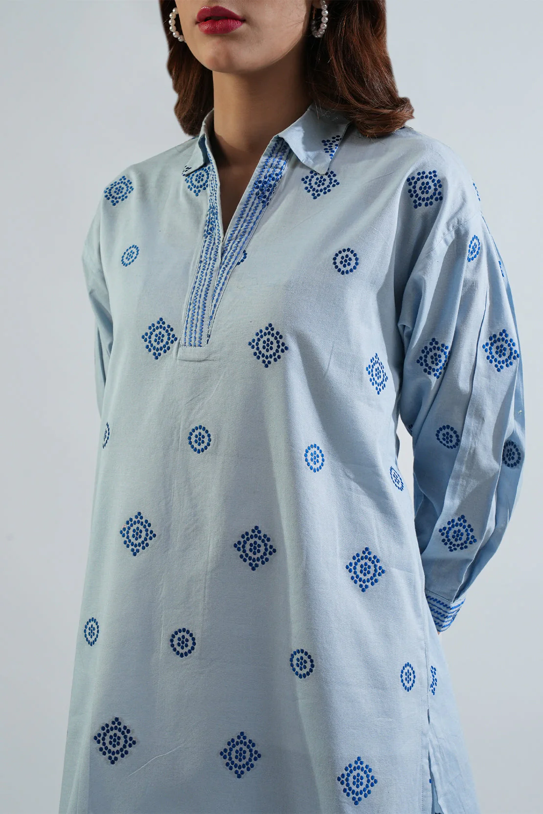 Embroidered Cotton Jacquard Stitched Shirt - Image 3