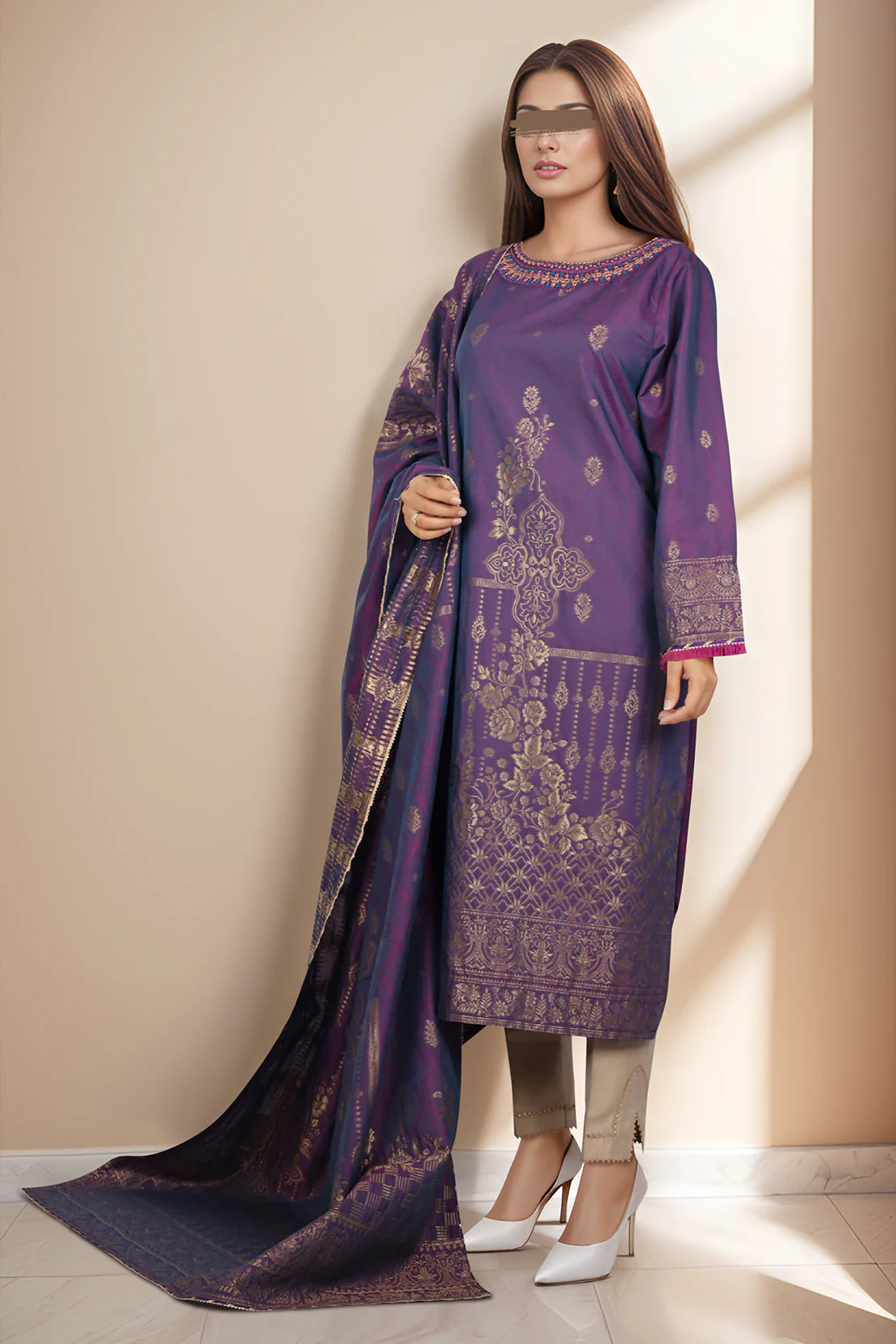 Embroidered Cotton Jacquard Stitched/Unstiatched 2 Piece (Shirt/Dupatta) - Image 2