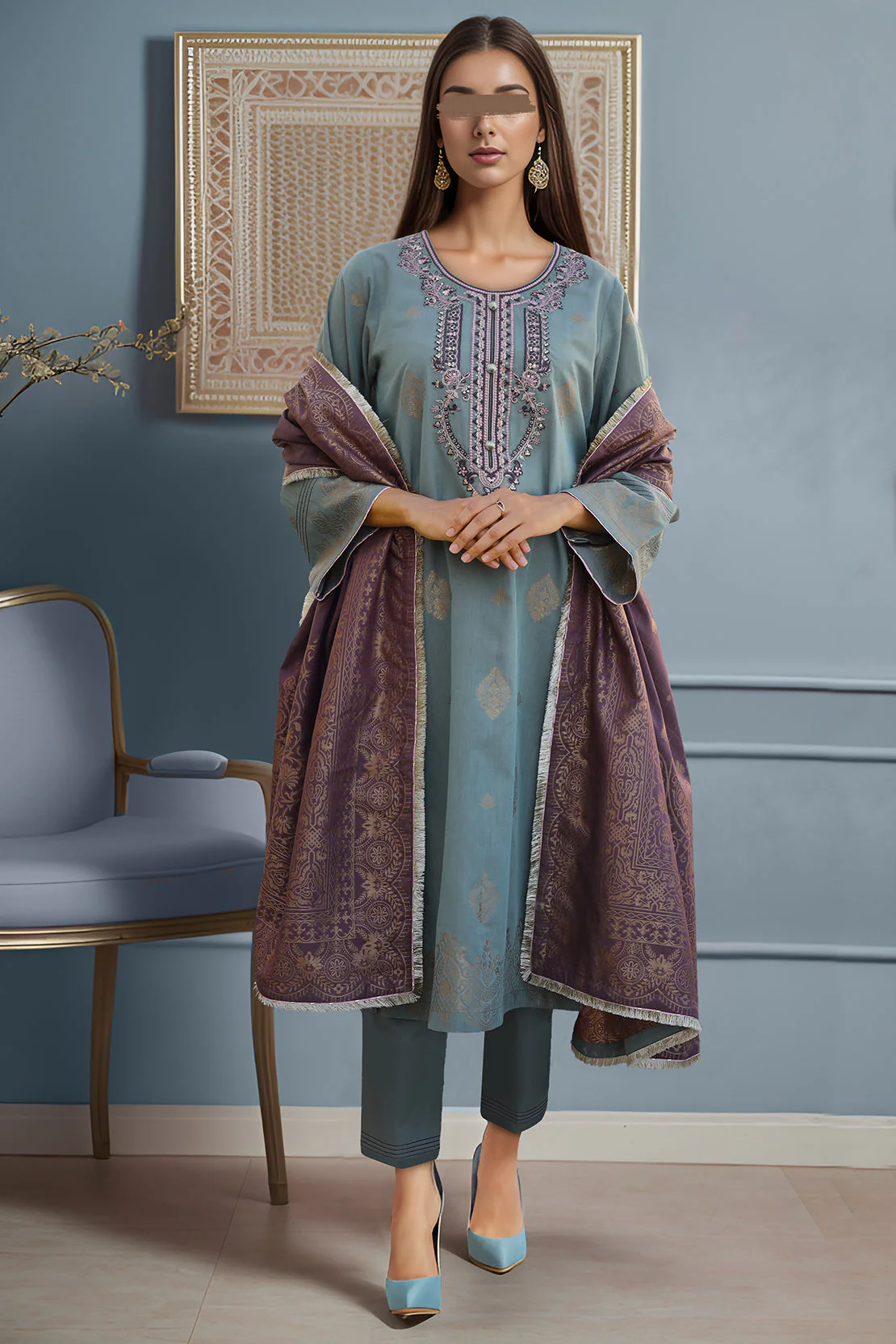 Embroidered Cotton Jacquard Stitched/Unstitched 2 Piece (Shirt/Dupatta) - Image 2