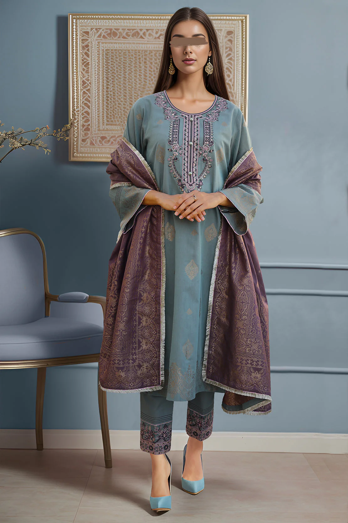 Embroidered Cotton Jacquard Stitched/Unstitched 2 Piece (Shirt/Dupatta) - Image 3