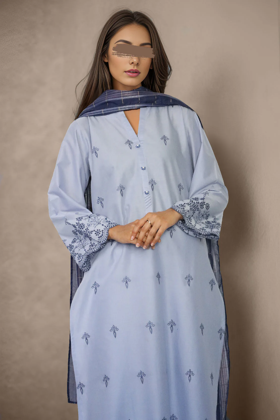 Solid Embroidered Cotton Stitched 3 Piece - Image 2