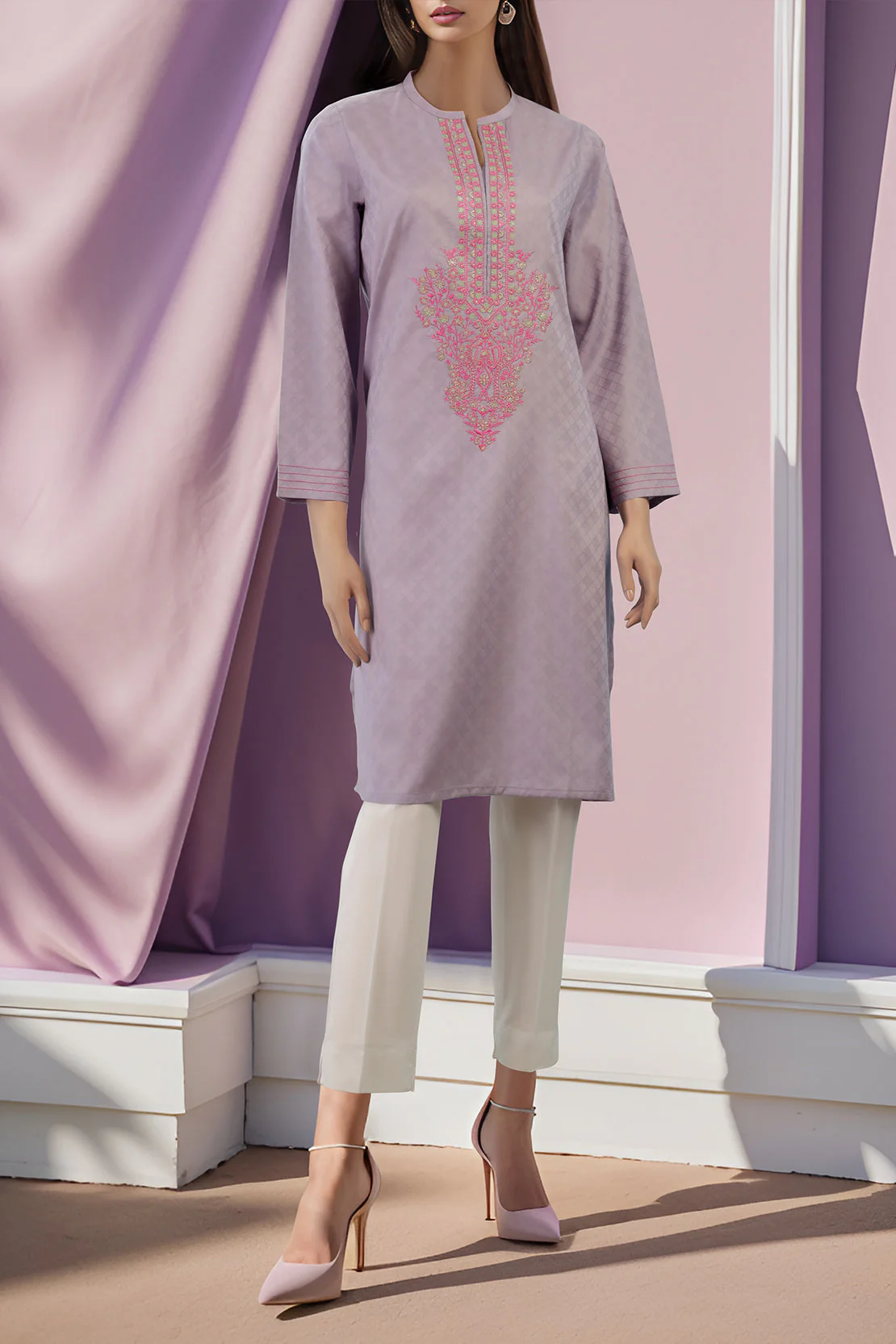 Solid Embroidered Jacquard Lawn Stitched Shirt - Image 2