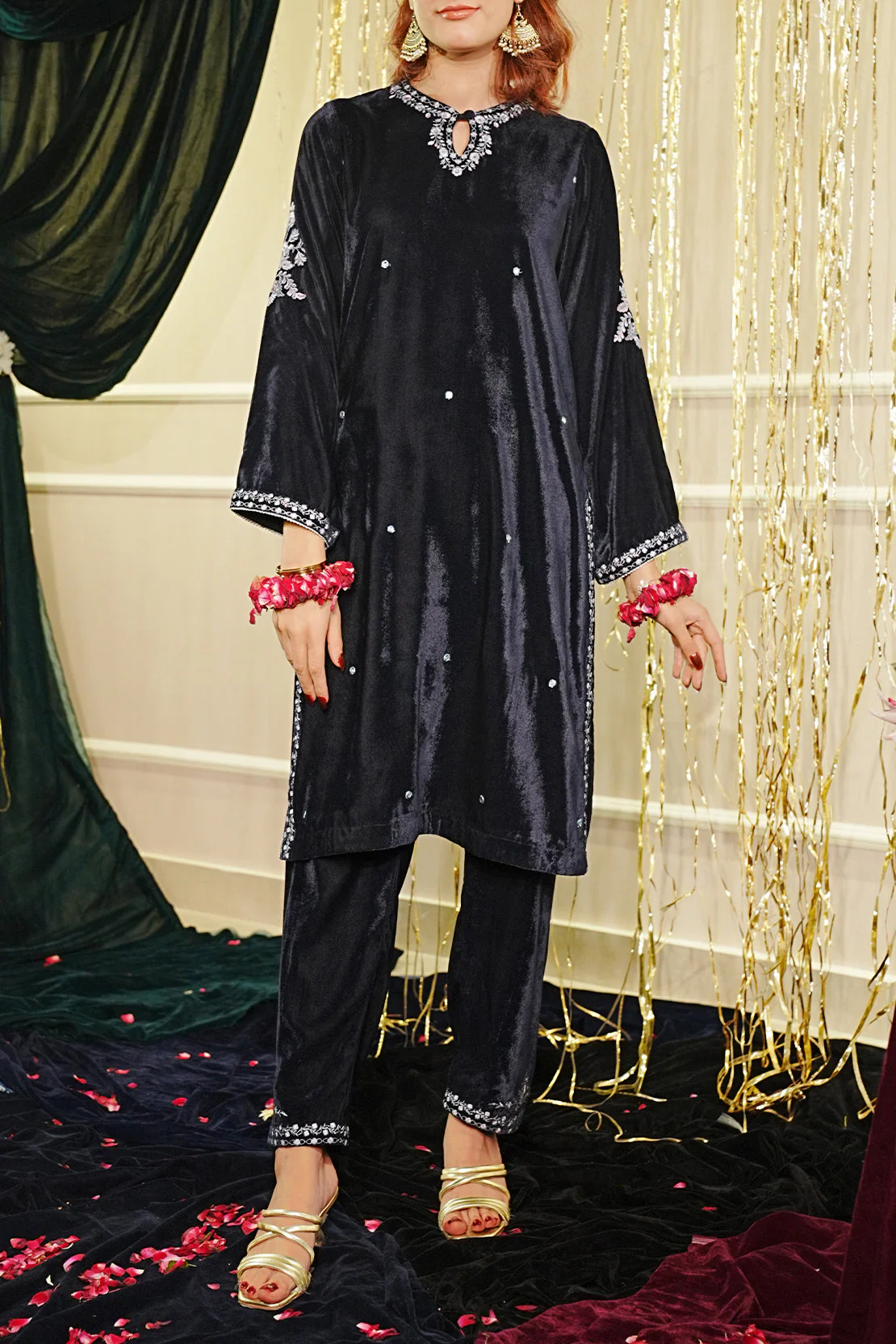 Solid Embroidered Velvet Stitched (Shirt/Trouser)