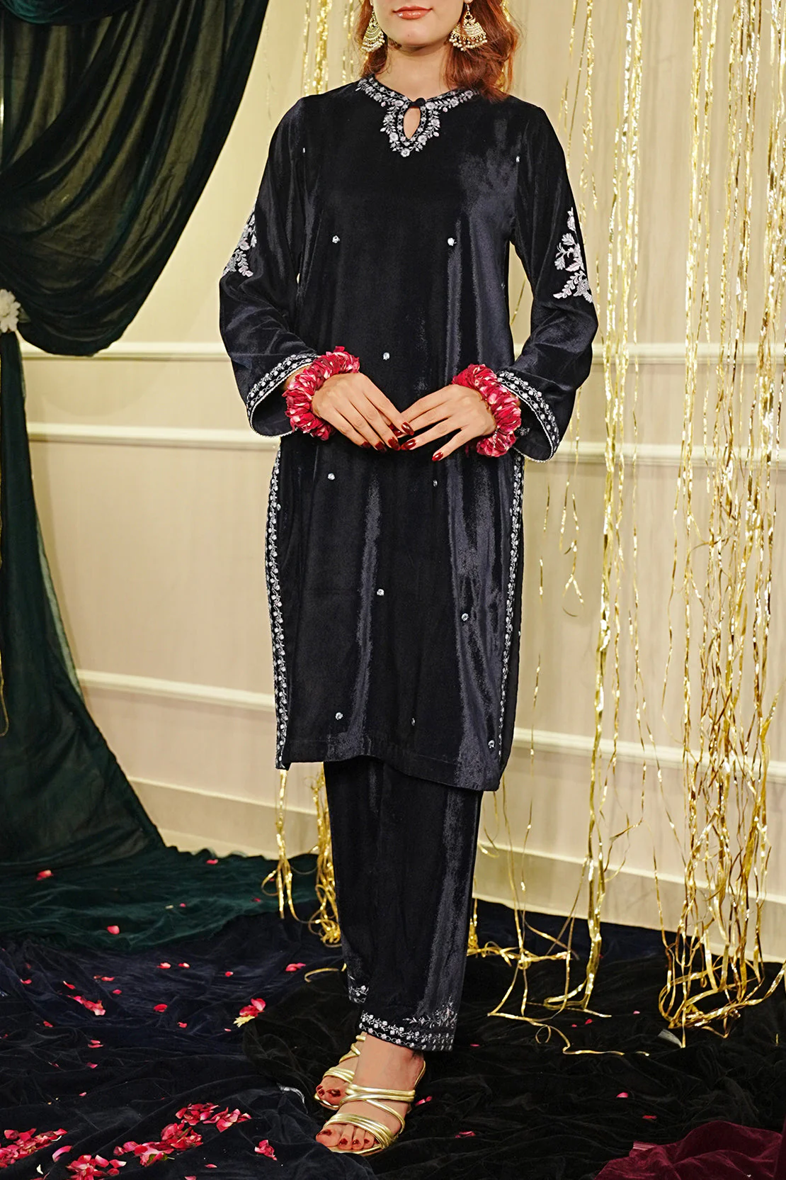 Solid Embroidered Velvet Stitched (Shirt/Trouser) - Image 2