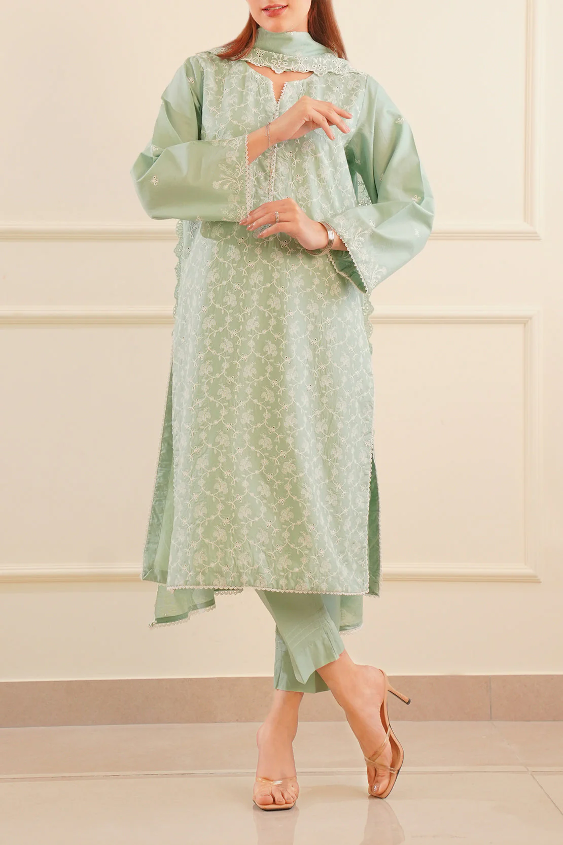 Luxury Pret Cotton Embroidered Stitched Shirt Trouser - Image 4