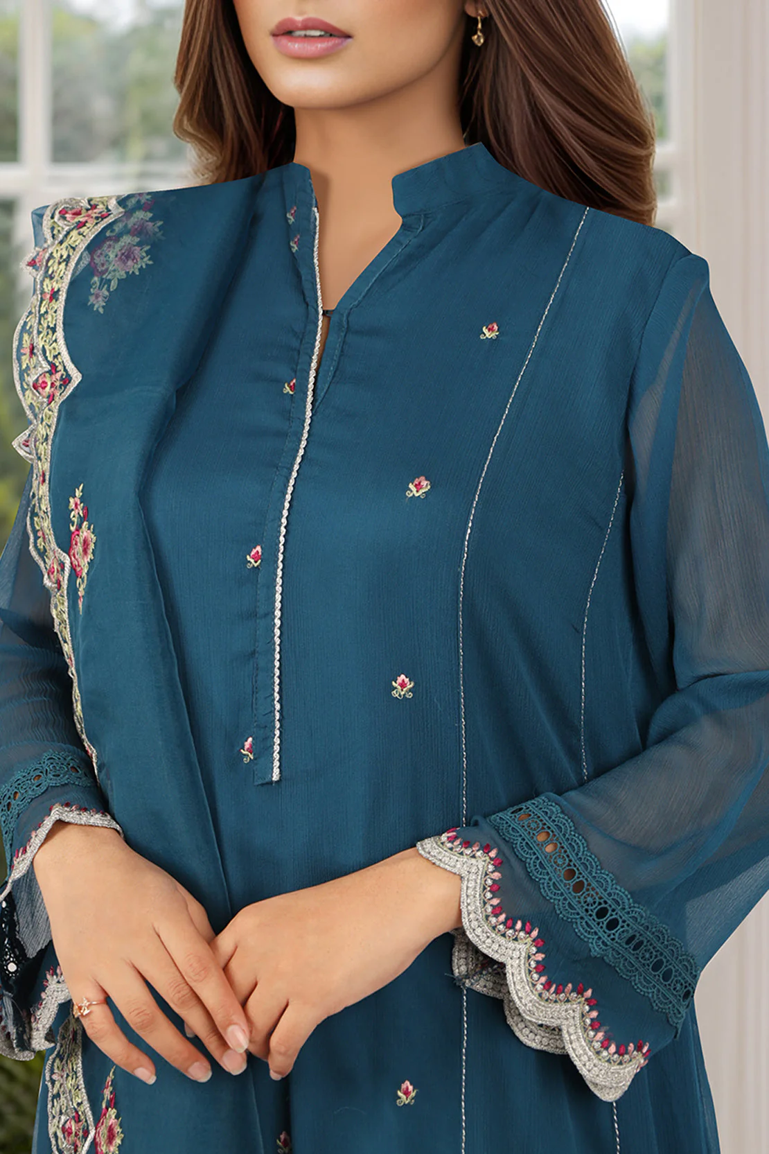 Luxury Pret Embroidered Chiffon Stitched 2 Piece Shirt Dupatta - Image 2
