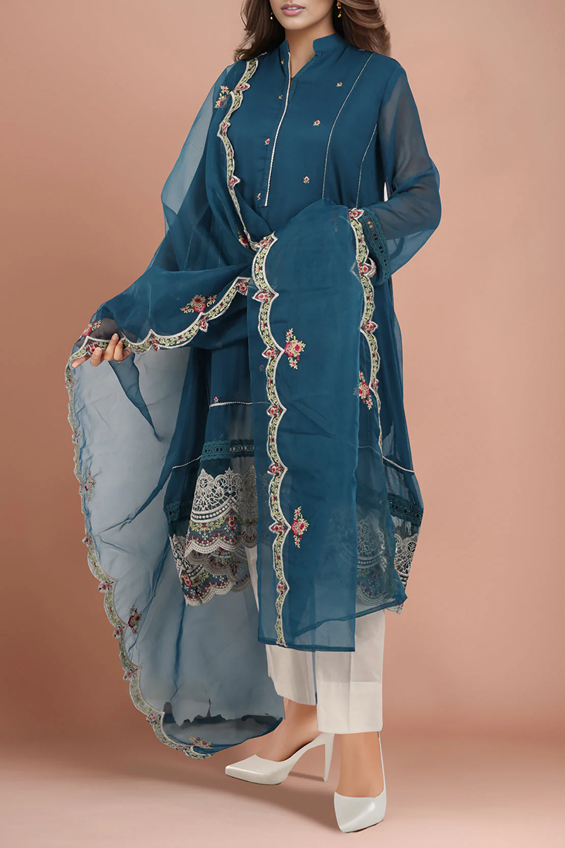 Luxury Pret Embroidered Chiffon Stitched 2 Piece Shirt Dupatta - Image 4
