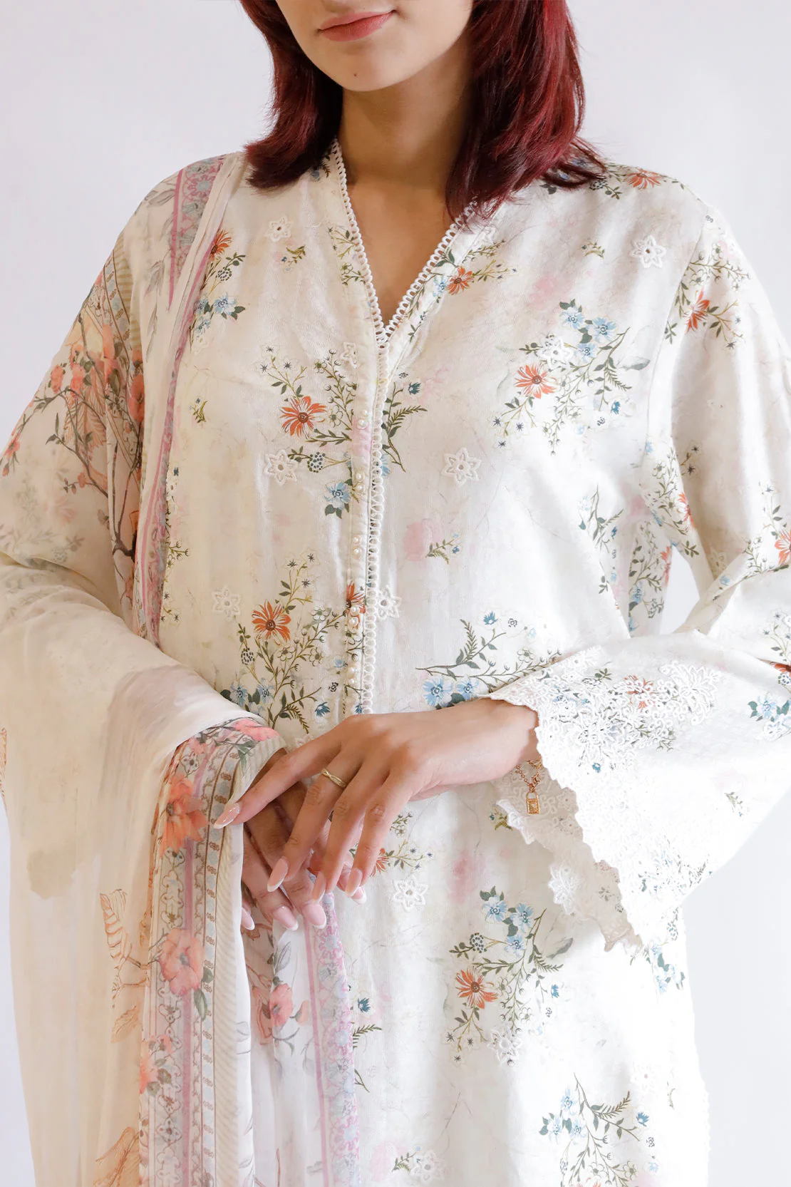 Luxury Pret Embroidered Cotton Jacquard Stitched 2 Piece Shirt/Dupatta - Image 4