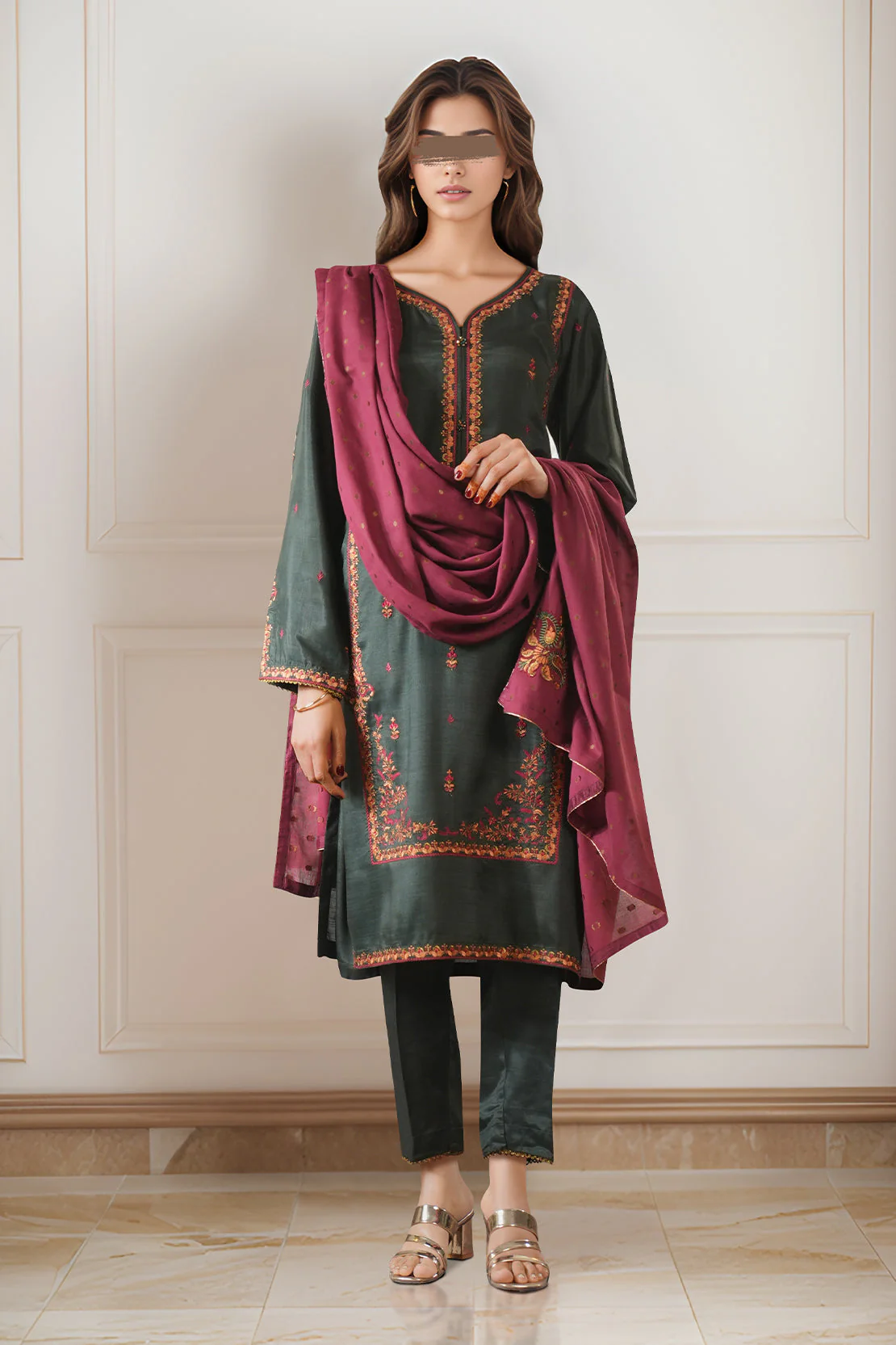 Luxury Pret Embroidered Raw Silk Stitched 3 Piece - Image 2
