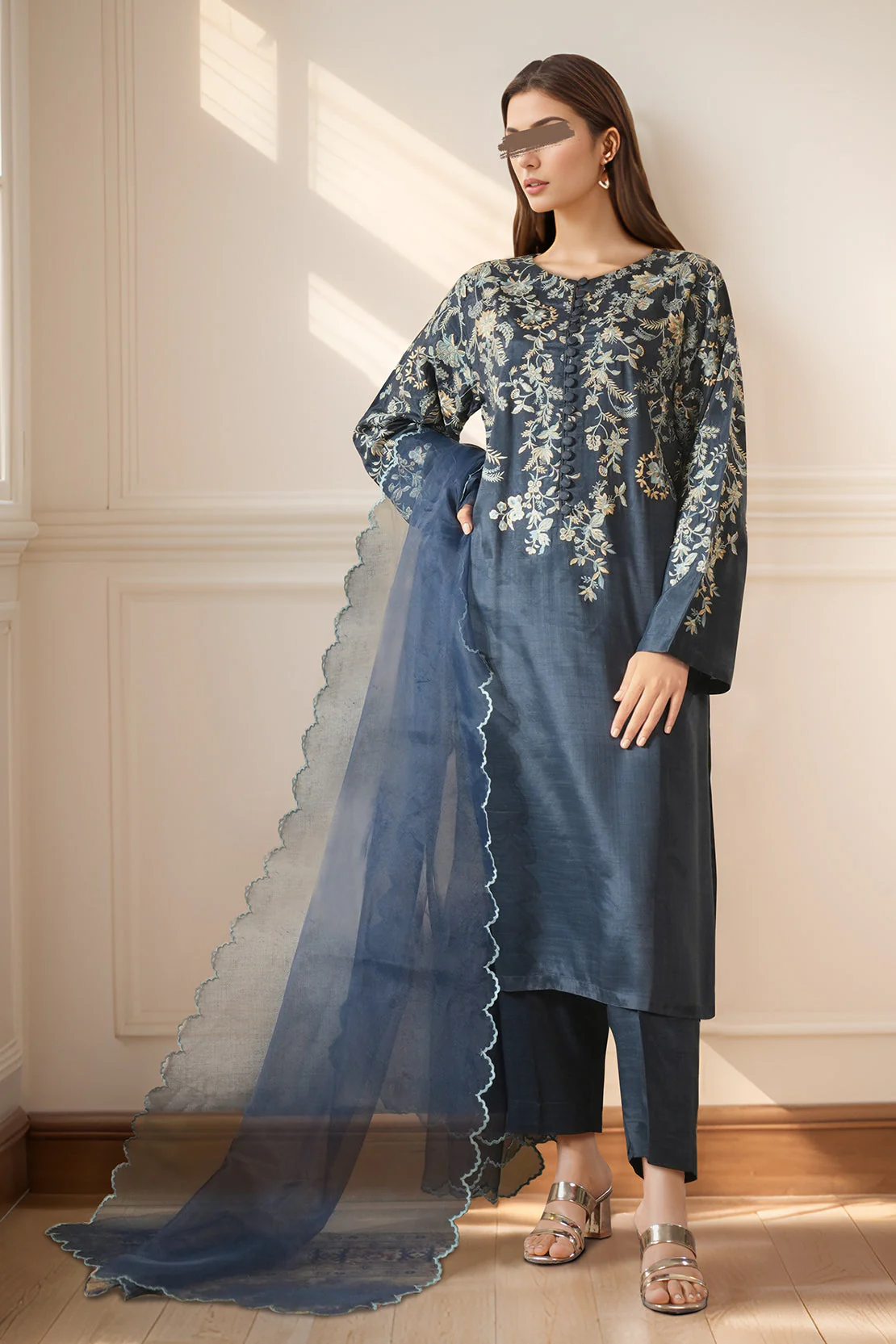 Luxury Pret Embroidered Raw Silk Stitched 3 Piece - Image 2