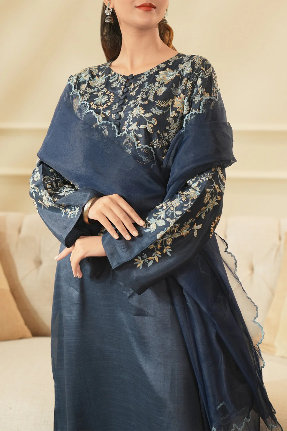Luxury Pret Embroidered Raw Silk Stitched 3 Piece - Image 7