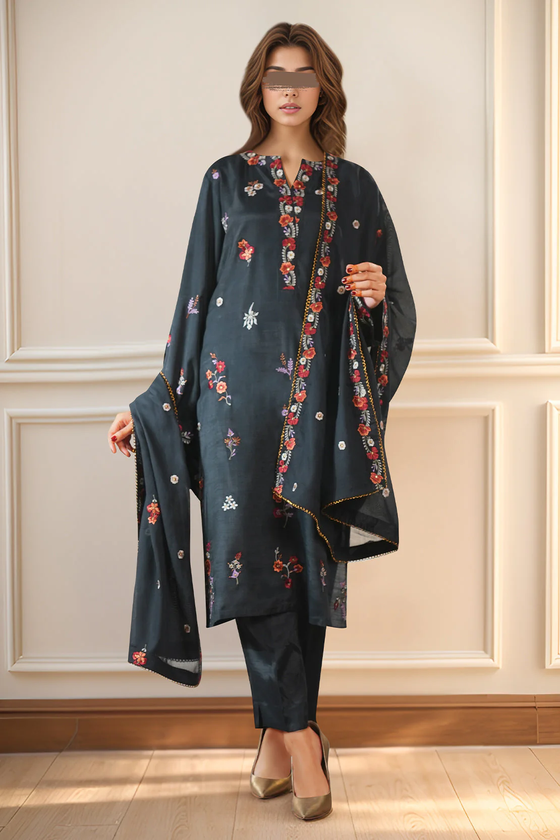 Luxury Pret Embroidered Raw Silk Stitched 3 Piece - Image 2