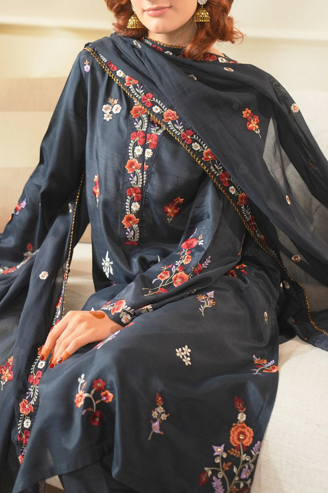 Luxury Pret Embroidered Raw Silk Stitched 3 Piece - Image 4