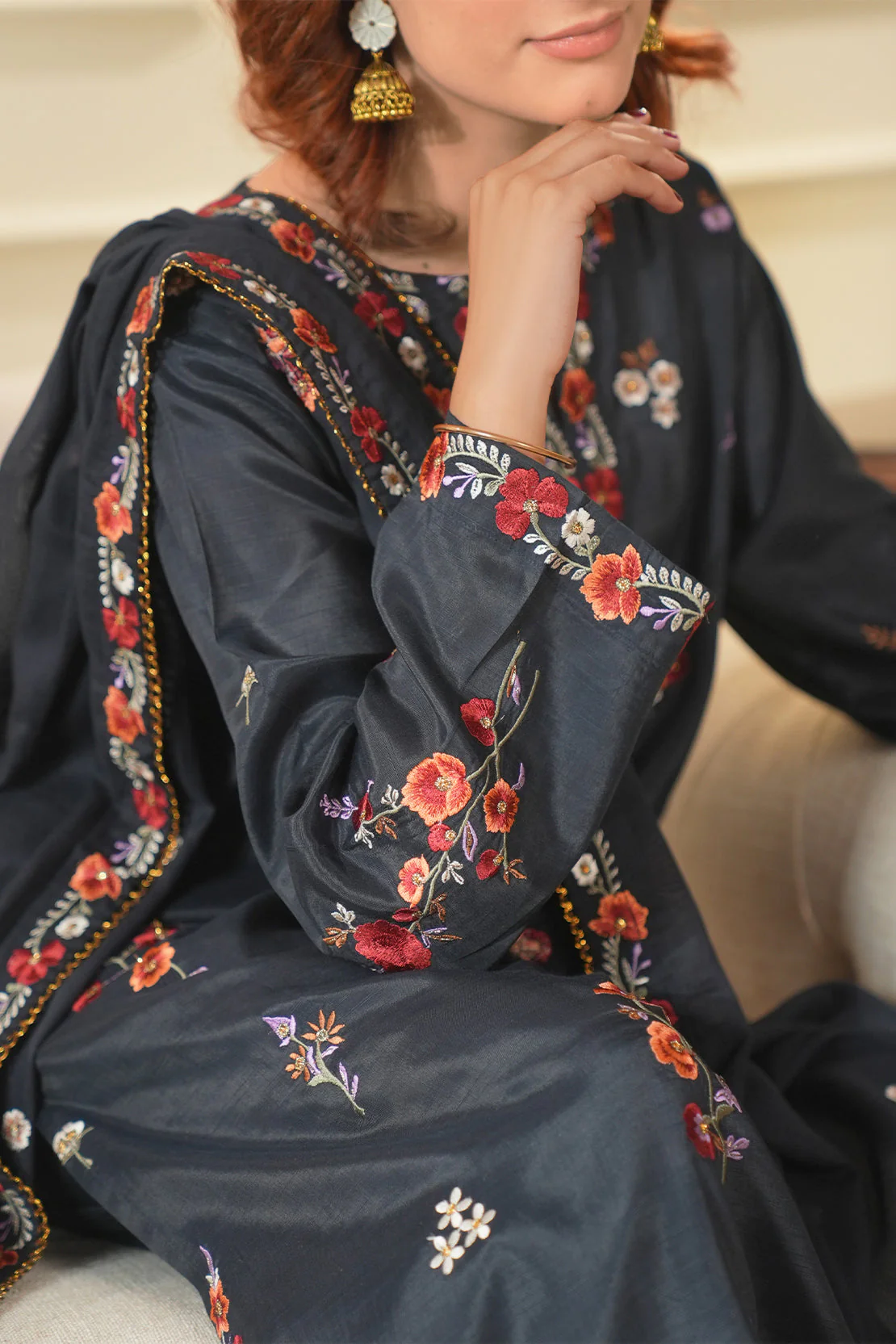 Luxury Pret Embroidered Raw Silk Stitched 3 Piece - Image 8