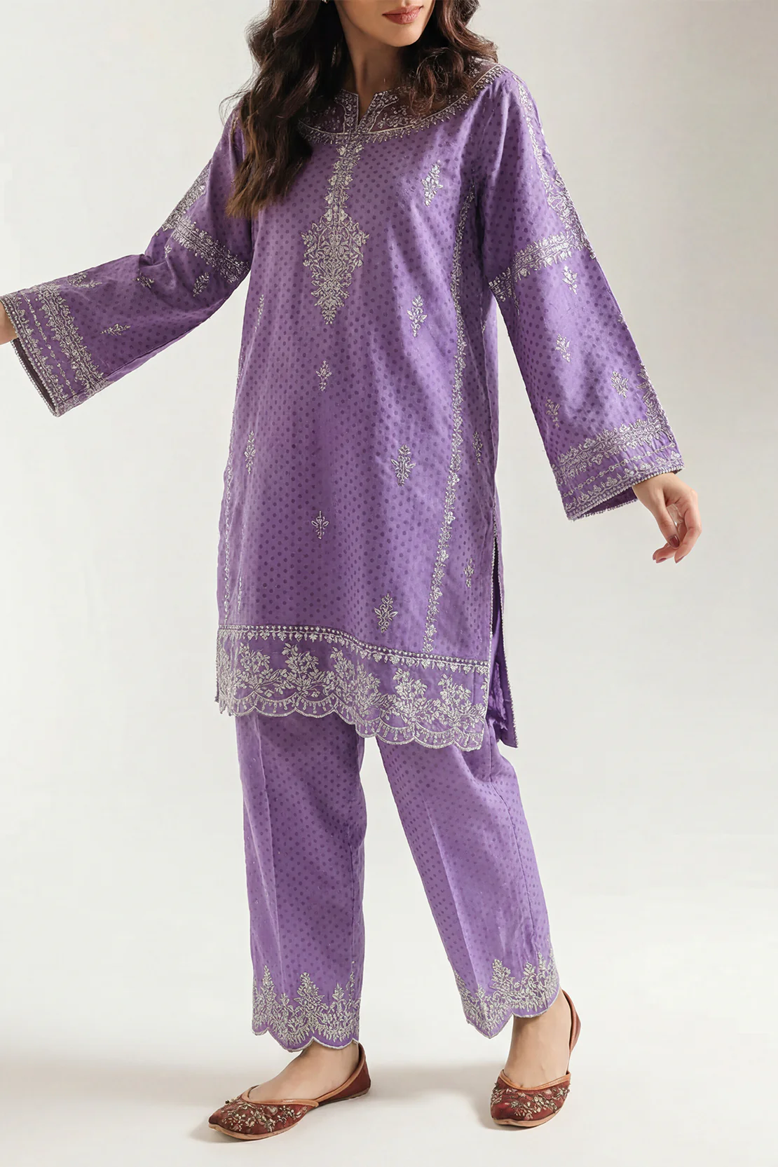 Luxury Pret Embroidered Self Jacquard Stitched 2 Piece (Shirt/Trouser)