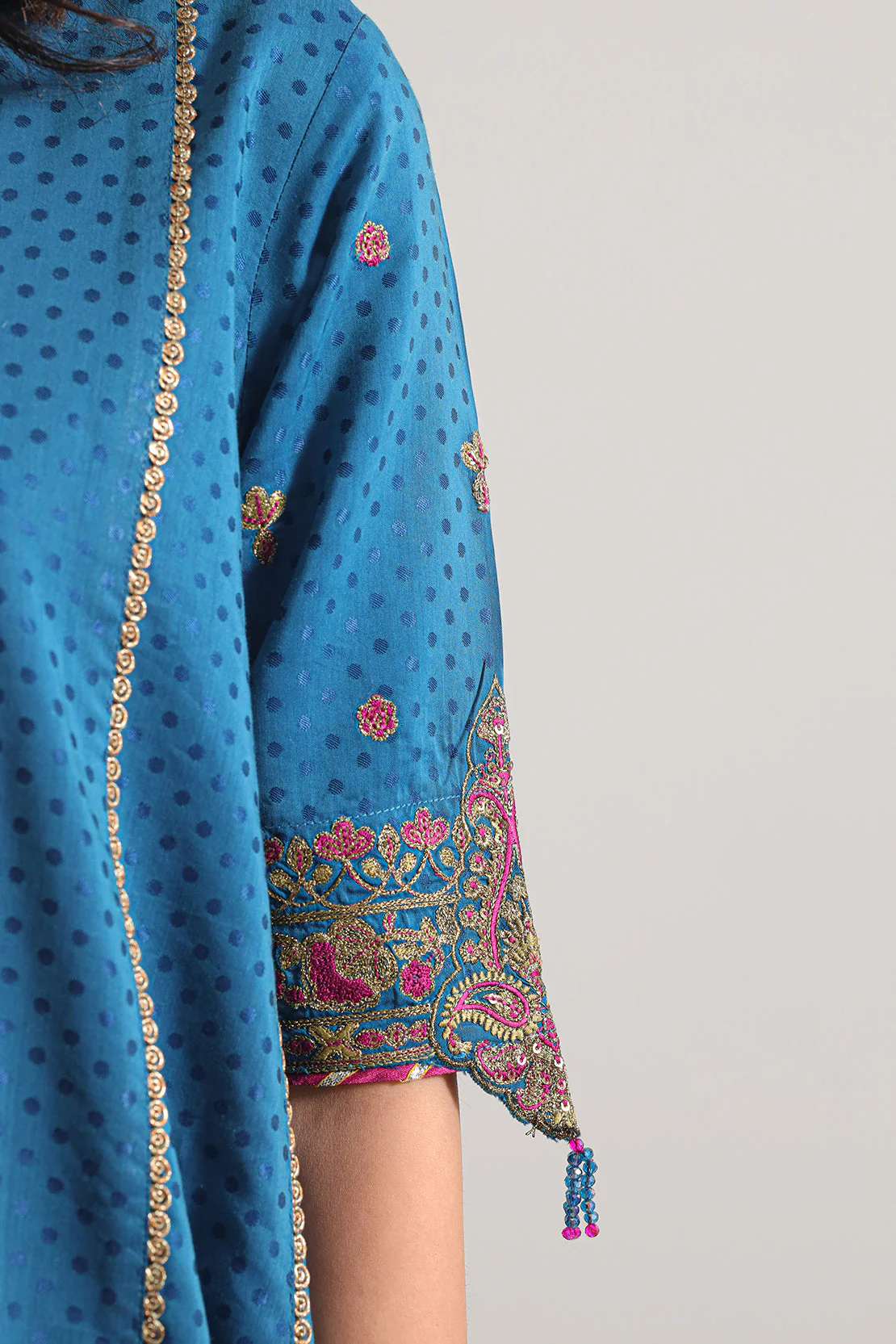 Luxury Pret Embroidered Self Jacquard Stitched 2 Piece (Shirt/Trouser) - Image 5