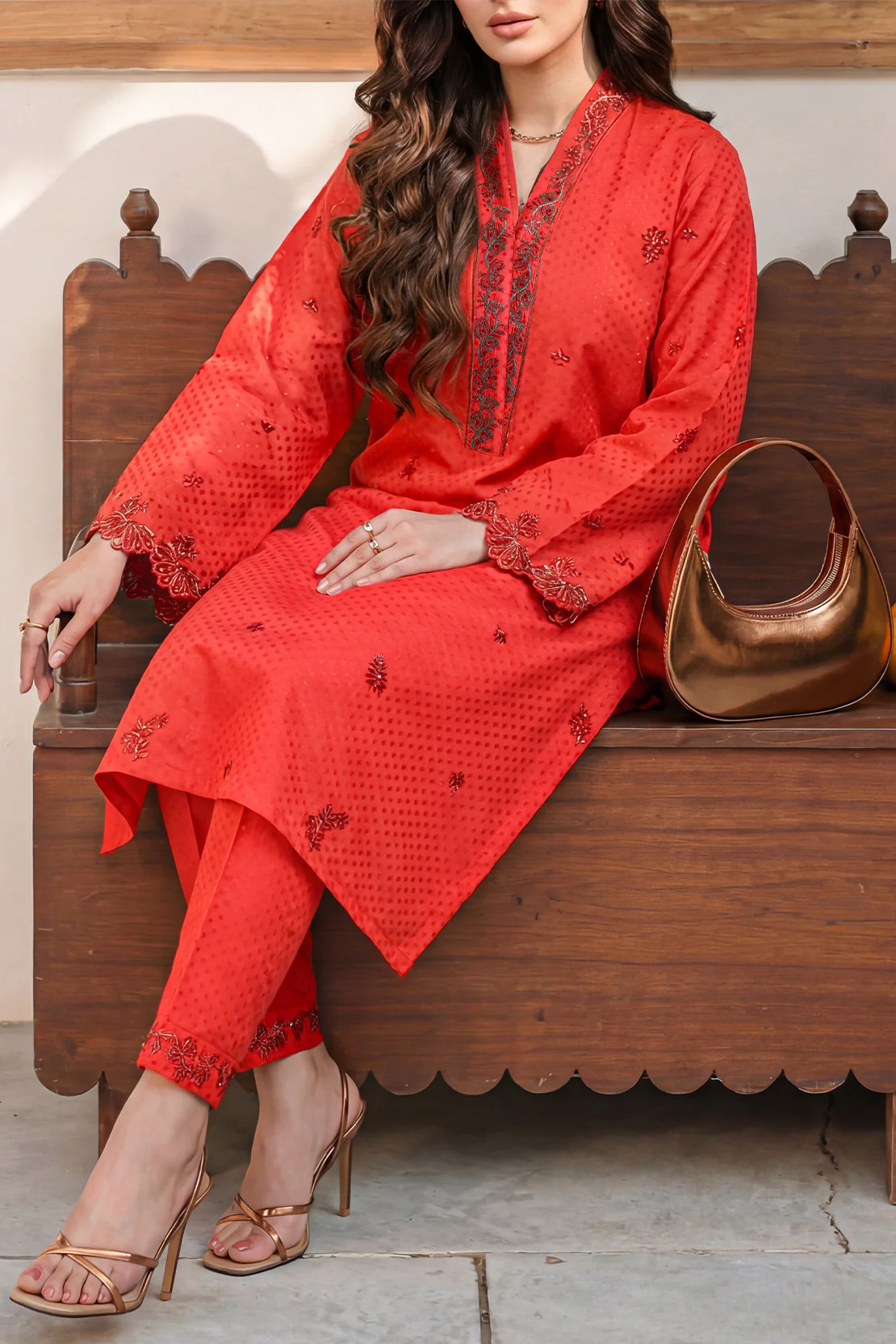 Luxury Pret Embroidered Self Jacquard Stitched 2 Piece (Shirt/Trouser) - Image 4
