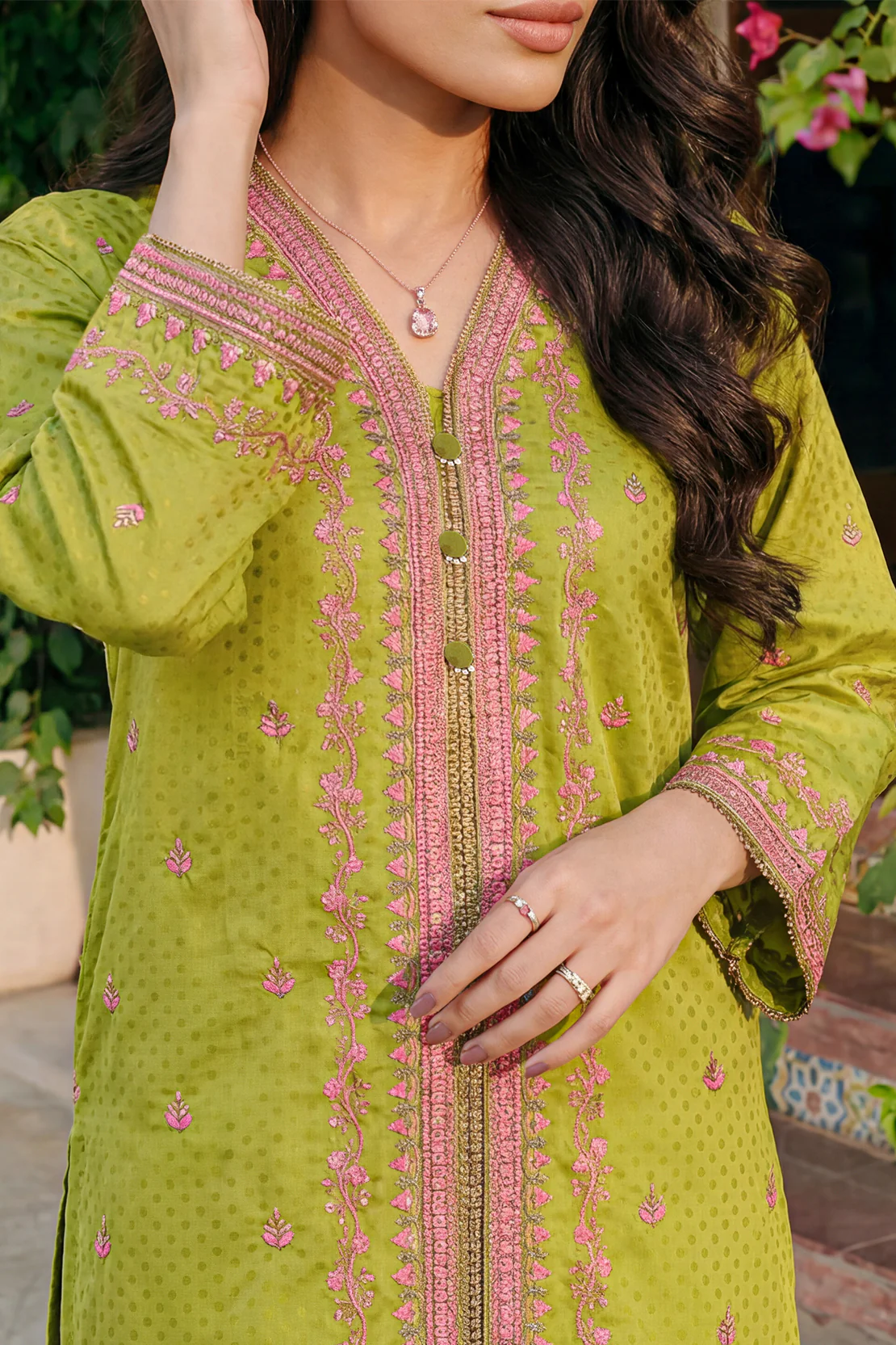 Luxury Pret Embroidered Self Jacquard Stitched 2 Piece (Shirt/Trouser) - Image 5